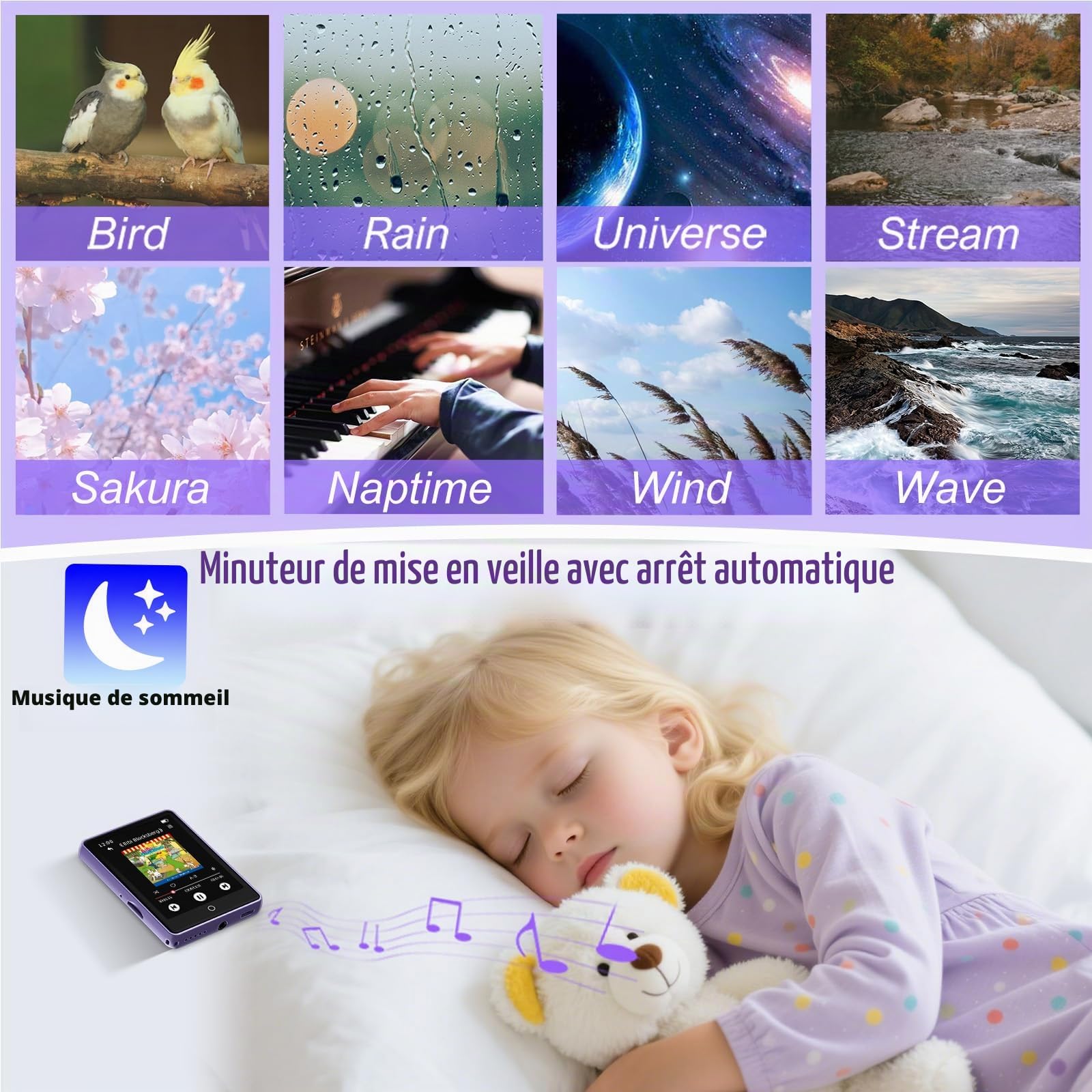 32Go Lecteur MP3 Bluetooth 5.3, 2,8" écran Tactile, Bruit Blanc (18 Sons), Lecteur MP3 Portable HiFi pour Enfants, avec Haut-Parleur, jusqu'à 45 Heures d'autonomie, Radio FM, Extensible 128 Go