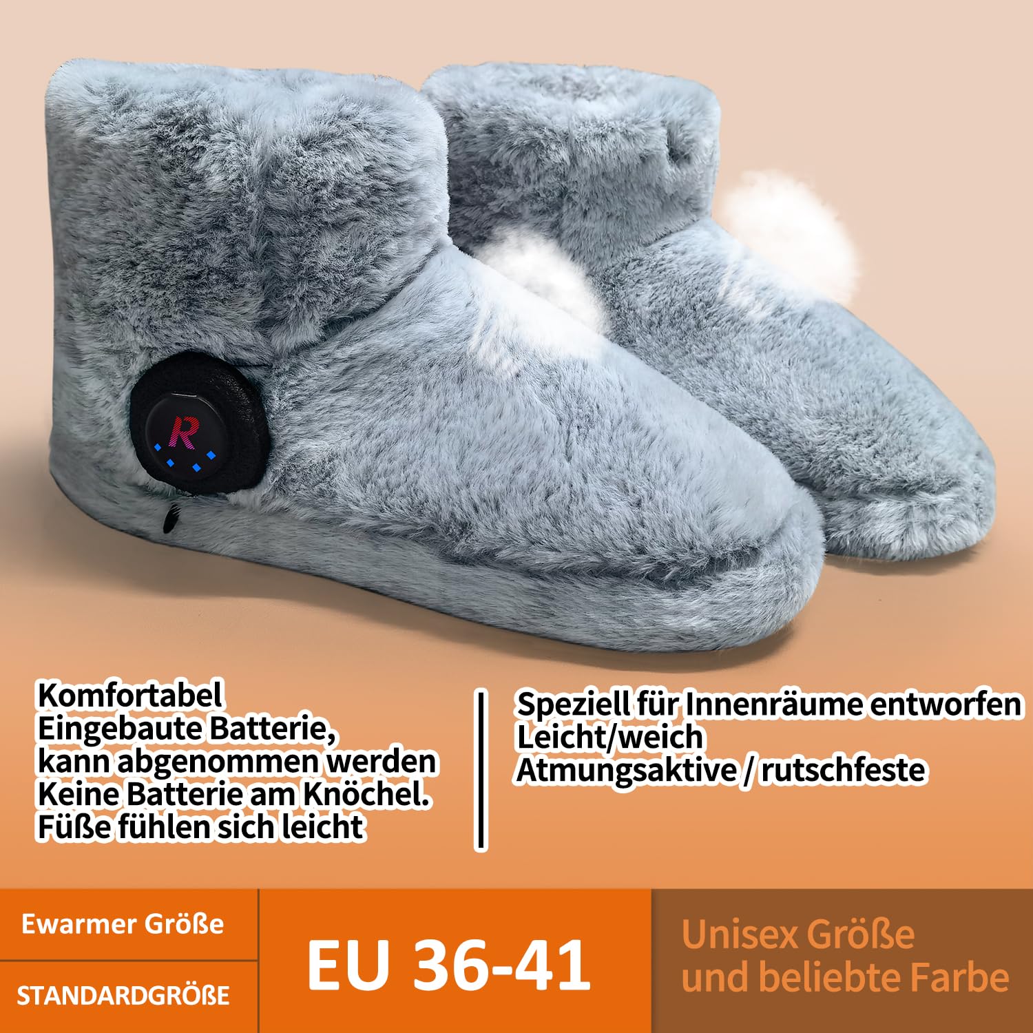 Wiederaufladbarer Fußwärmer für kalte Füße, Graphen beheizte Stiefel für Damen, 4-8 Stunden Wärme, Waschbar & Abnehmbar, Elektrisch beheizte Pantoffeln，Beheizbare Hausschuhe Indoor (grau)