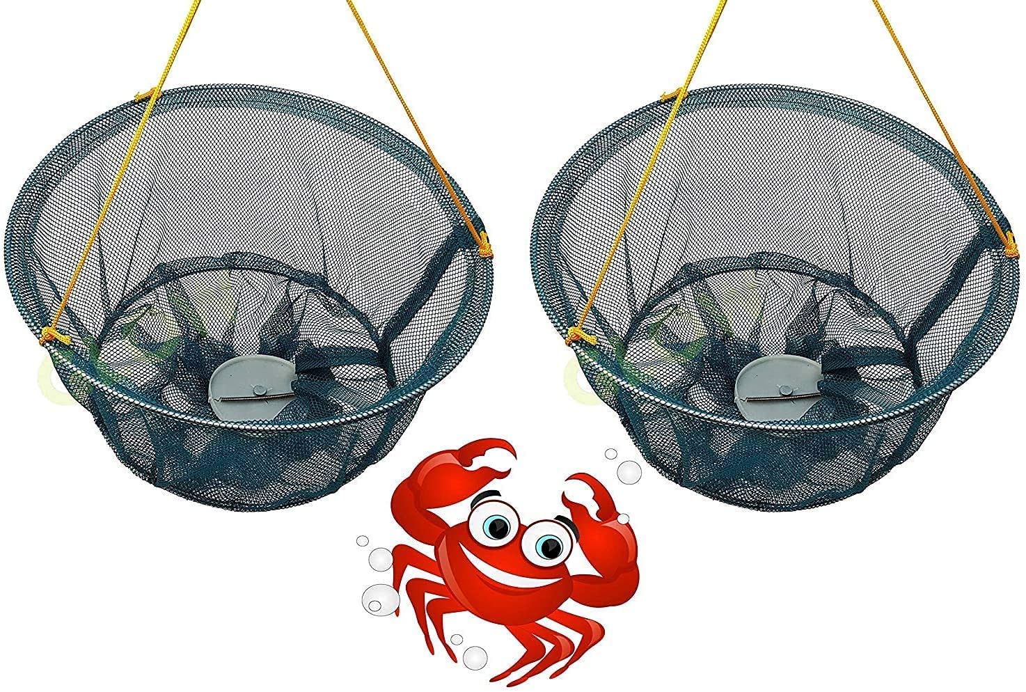 Summerlee Crab Drop Nets with Spring Loaded Bait Holder – Set of 2 Large 30cm Netting Trap with 11m of Rope and Plastic Bait Clip for Crabbing Catch Fish Prawn Crayfish Lobster for Kids Family