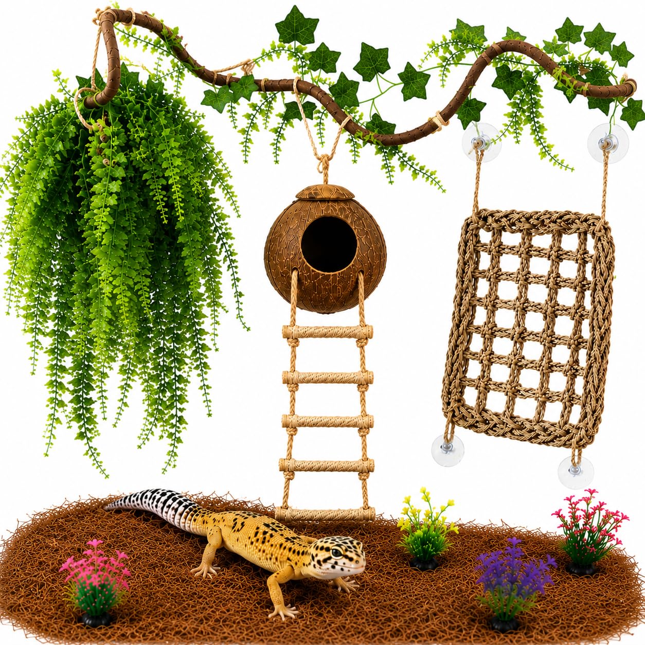 Photo 1 of ***damaged coconut****Leopard Gecko Tank Accessories. Reptile Hammock Vines Plants with Coconut Shell Ladder Hideout Hermit Crab Decor for Bearded Dragon Lizard Chameleon Crested Gecko Tortoise Snake