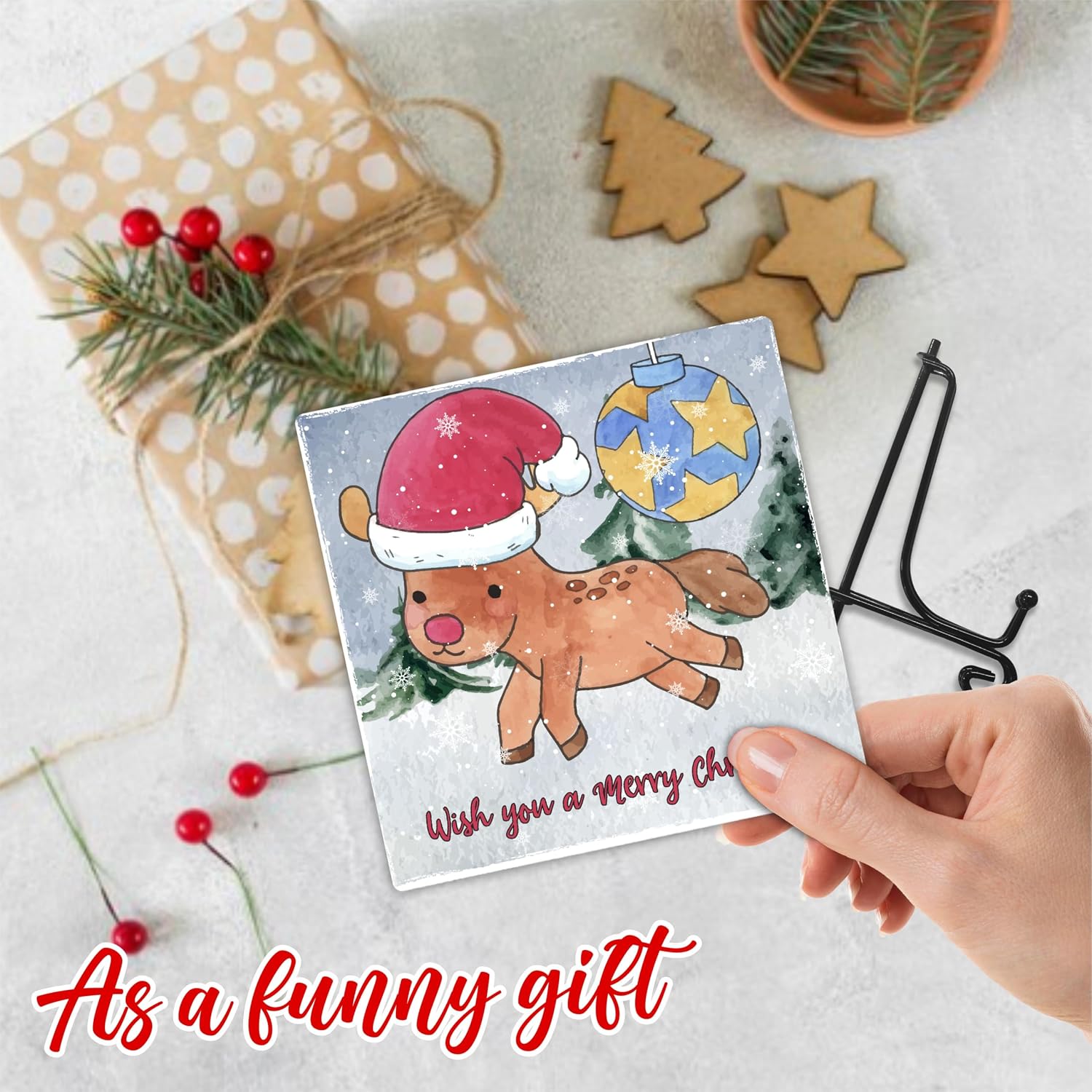 Christmas Wood Plaque With Iron Support, Wish You a Merry Christmas, 5"x5" Wooden Sign, Gifts For Family & Friends During The Holidays, Elk Decor, Home & Office Desk Decorations & Favor - D05 image 3