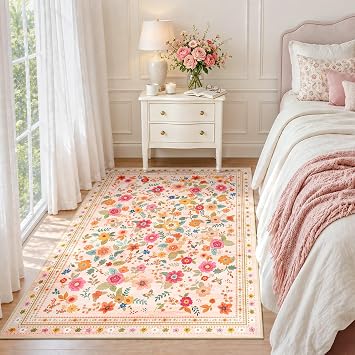 INOVADAY Washable Rug Floral Print 90x150 cm Pink/Beige Living Room Rug