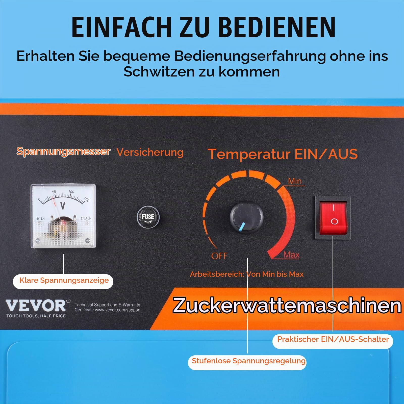 VEVOR Elektrische Zuckerwattemaschine, 1 kW Zuckerwattegeräte, Kommerzielle Zuckerwattemaschine mit Abdeckung, Edelstahlschüssel, Zuckerschaufel, Schublade, für Kindergeburtstage, Familienfeiern, Blau
