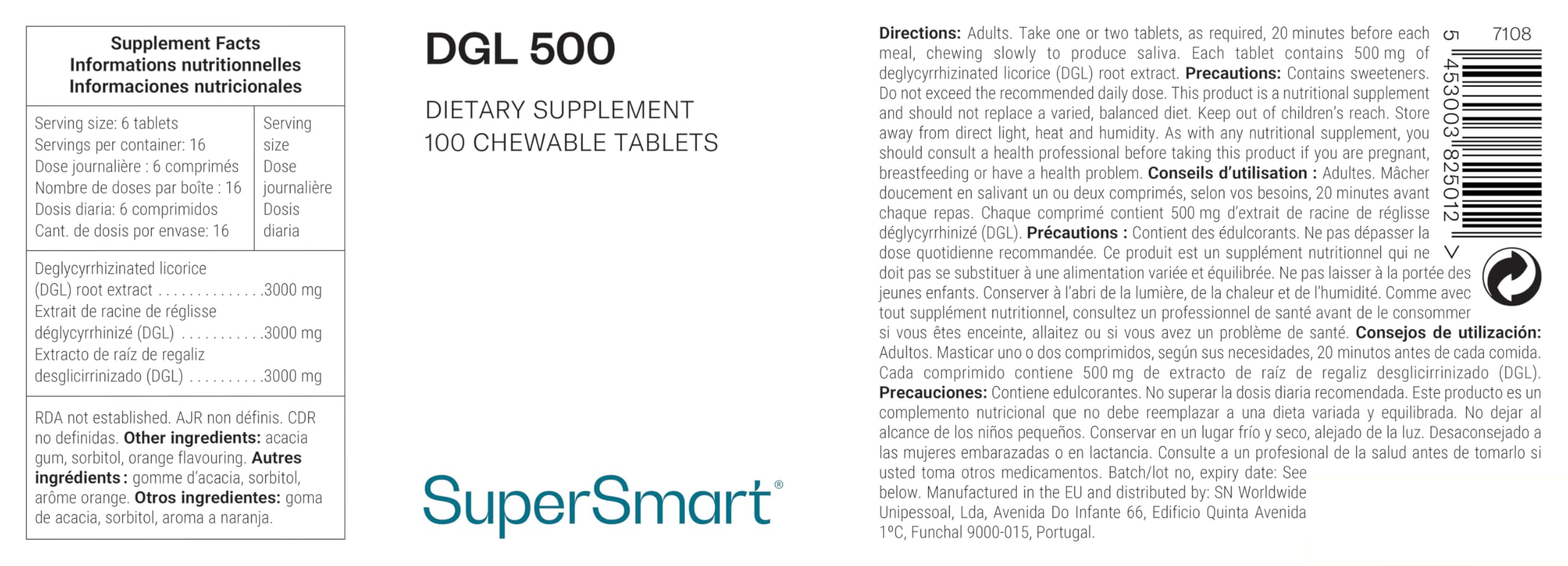 DGL 500 - Extrait de Racine de Réglisse - Reflux Gastro-Intestinal - Contribue à Réduire les Reflux Acides, Douleurs Gastriques, Nausées - Comprimés à mâcher - Vegan - Sans Gluten - Supersmart