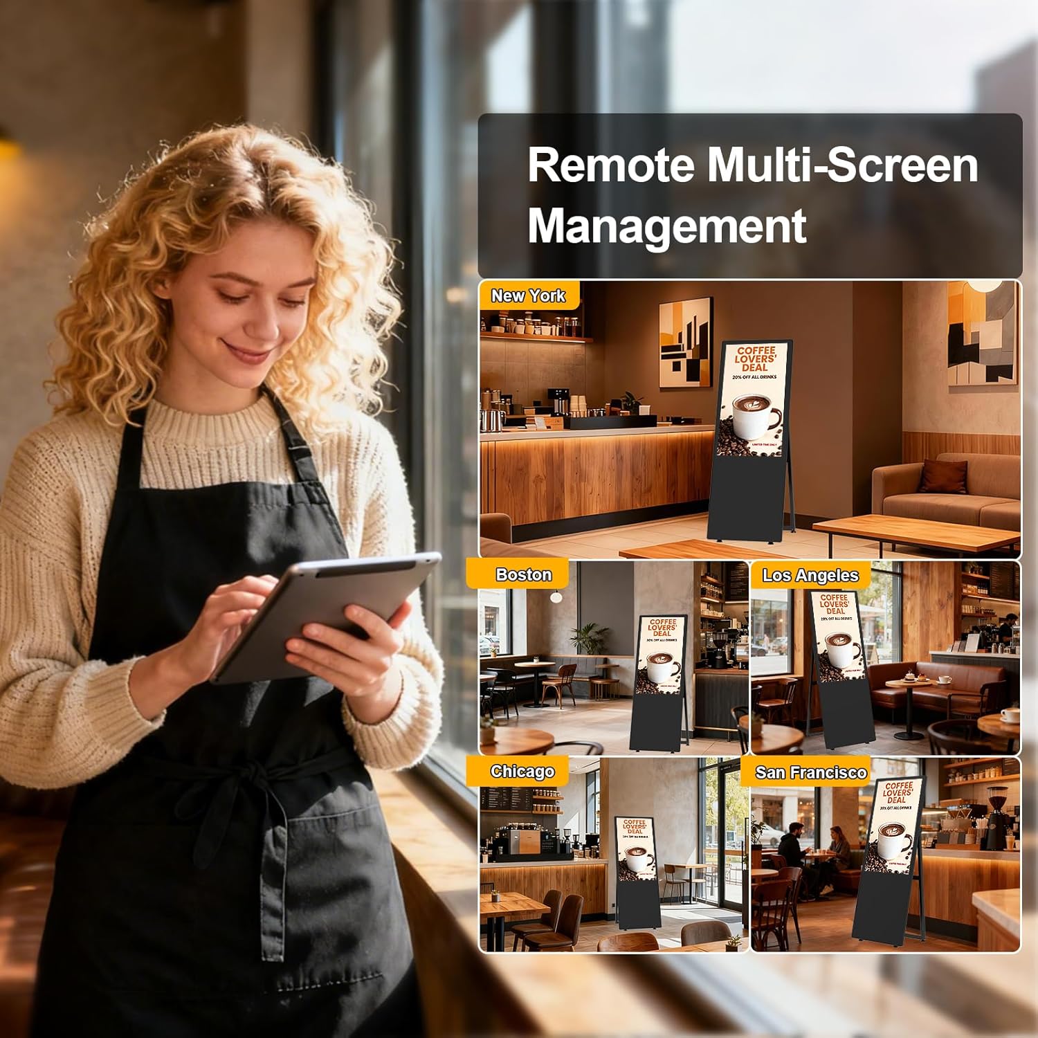 32" Digital Signage, 350nits Advertising Display, Portable Digital Signage with CMS/U-Disk Plug&Play, Split Screen, 7/24 Operation, Free Customized Logo, HDMI/USB/WiFi/Android, Ideal for Restaurant