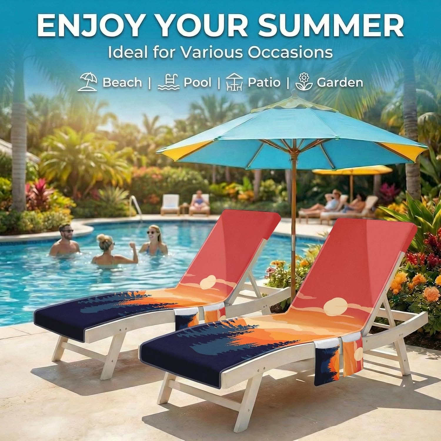 Lounge Chaise Chair Towel Covers (Pack Of 2), Beach Chair Cover With 3 Pockets For Pool Outdoor Beach Garden Patio Trips,85 X30 In (Sun Nature)