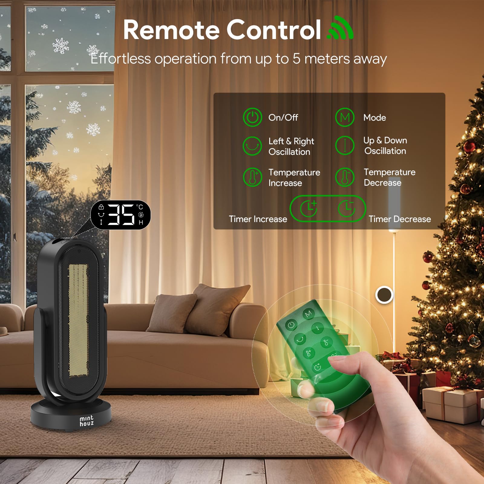 Minthouz Calefactor Cerámico PTC 1500W Bajo Consumo, Oscilación 4 Direcciones, Control Remoto, Termostato ECO, Temporizador 8H, Protección Antivuelco, Silencioso