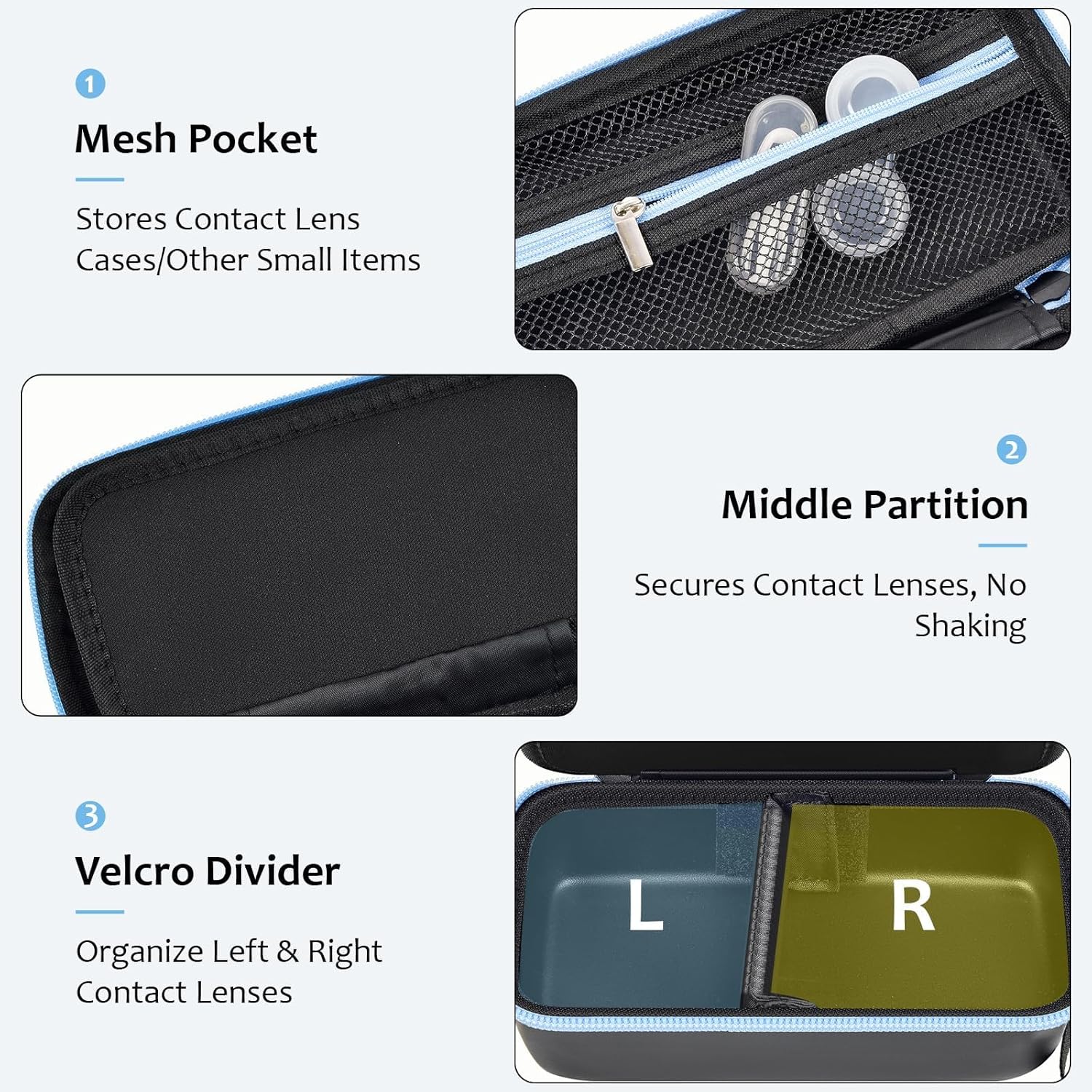 Daily Contact Lens Case Fits 30+ Disposable Daily Lenses, Portable Contact Lens Storage Organizer with Mesh Pocket, Travel Contact Solution for All Brand Cosmetic Lens & Accessories -Black (Case Only) - Image 4