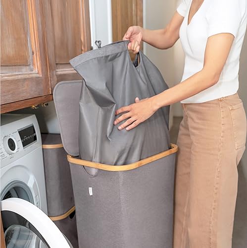 Miniatura 9 de LONBET Laundry Basket with Lid, Made from Breathable Fabric Aesthetic Clothes Hampers for Laundry with Side Handles & Sturdy Bamboo Frame