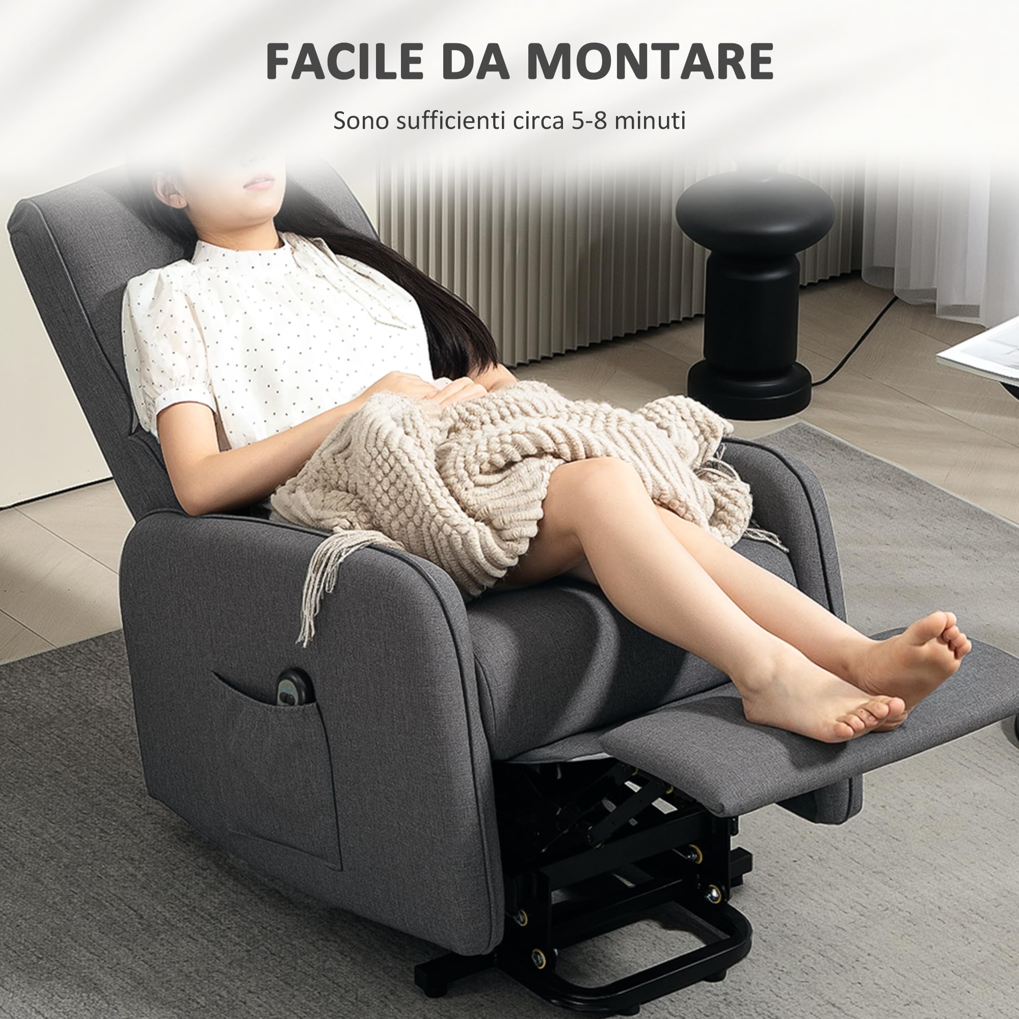 HOMCOM Poltrona Elettrica Alzapersona Reclinabile 135°, Poltrona Relax Elettrica in Tessuto Effetto Lino con Telecomando, Poggiapiedi e Tasca Laterale per Soggiorno e Camera da Letto, Grigio Carbone
