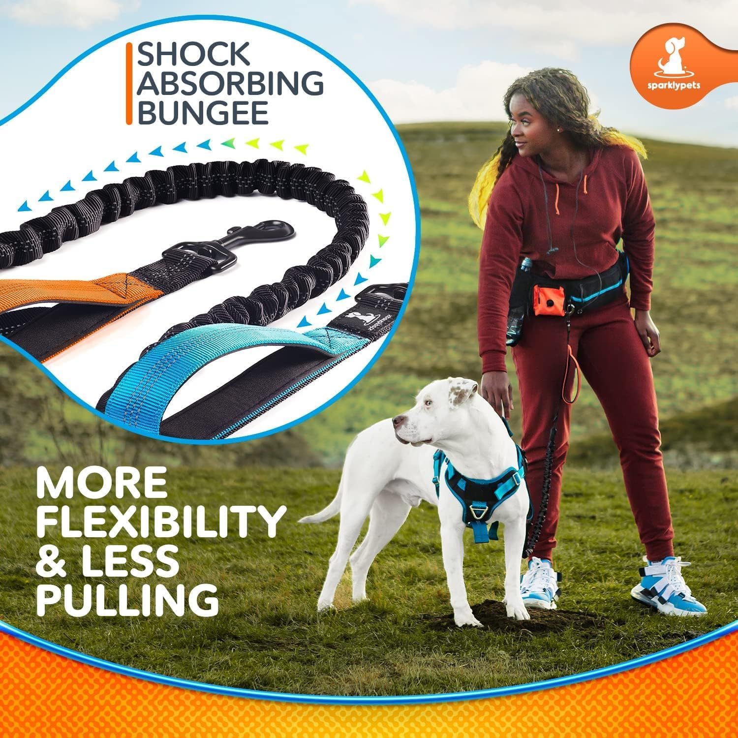 SparklyPets Correa elástica doble para perro con soporte trasero, correa doble para perros para razas medianas y grandes, riñonera para correr con bolsillos para teléfono, residuos, golosinas y