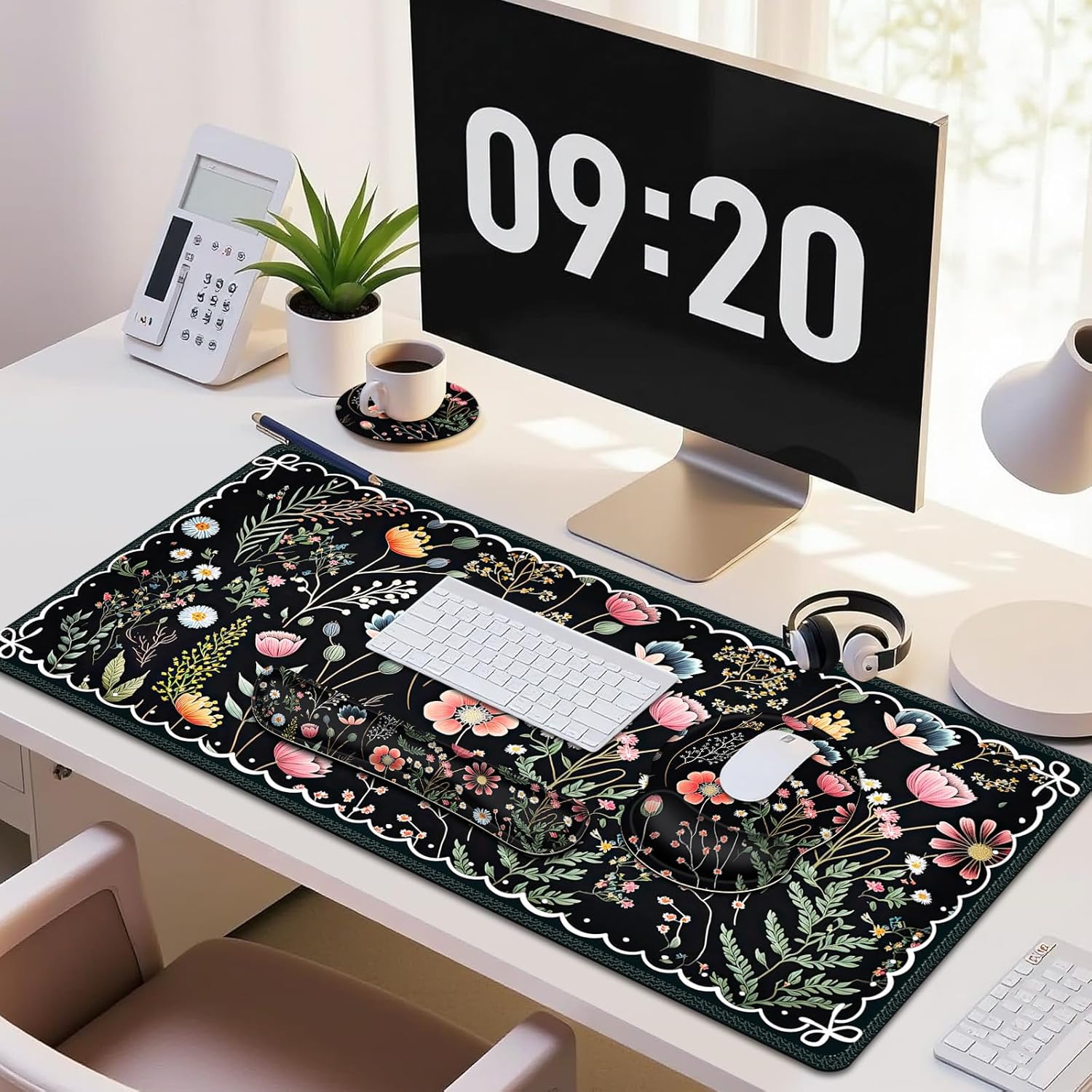 Flower Desk Mat, 4in1 Large Mouse Pad with Wrist Rest, Desk Matt for Desktop, Desk Pad Mat, Anti-Slip XXL Computer Ergonomic Mousepad with Wrist Support for Keyboard and Mouse I Black Florals Weeds