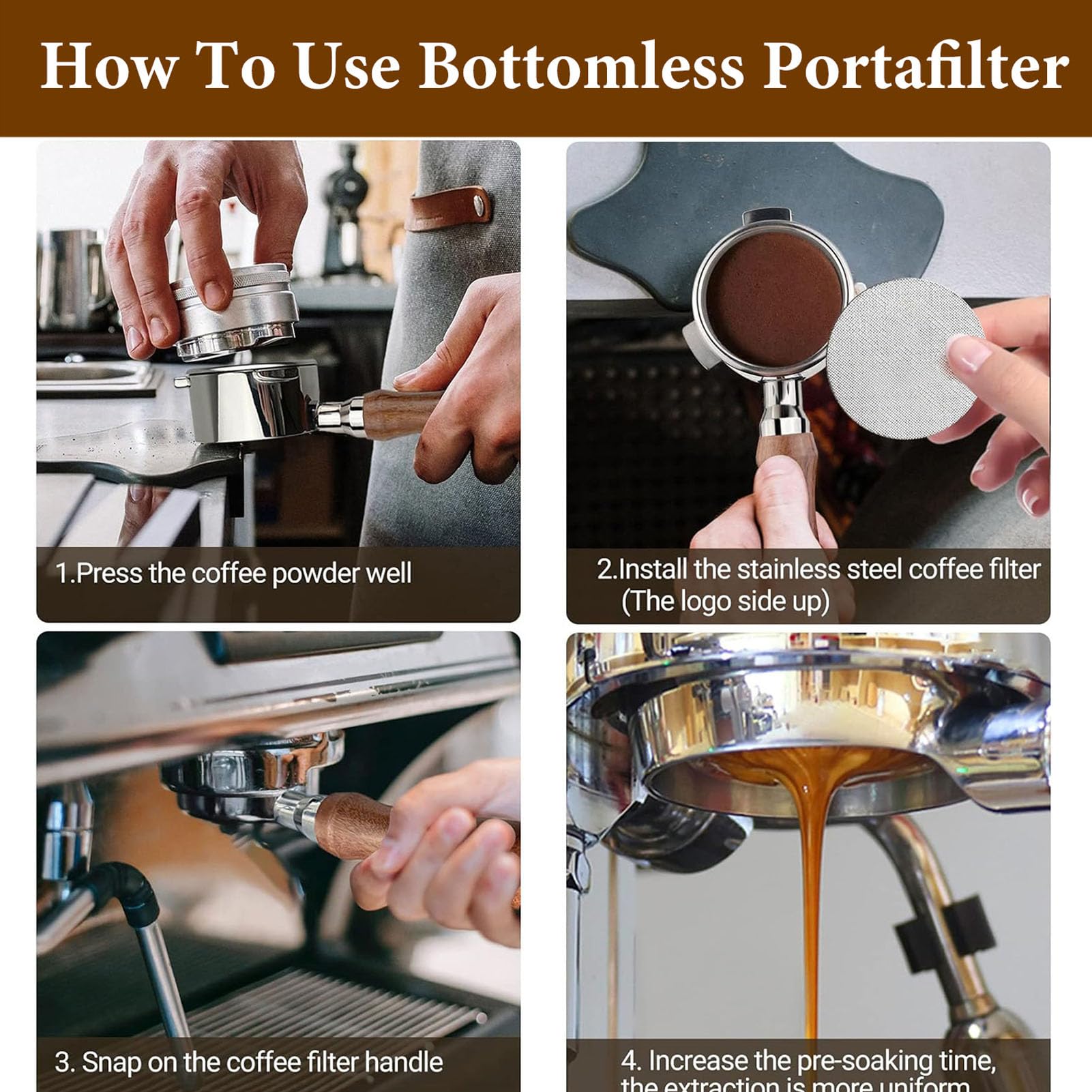 Portafiltro sin fondo Portafiltro desnudo de 58 mm apto para Petrus Portafiltro de espresso universal de acero inoxidable de 3 orejas con cesta de filtro con mango de madera y