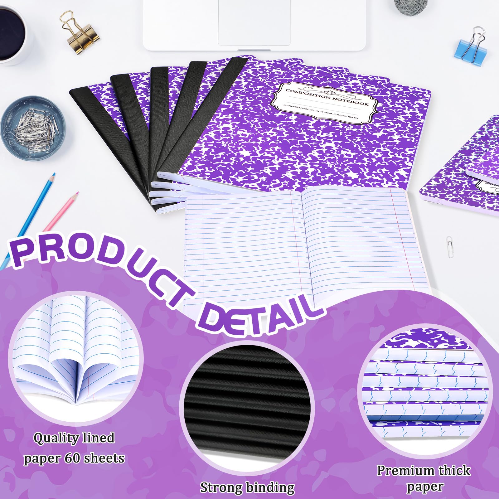 Seajan Lot de 20 cahiers de composition 19,8 x 21,6 cm, 60 feuilles, couverture robuste, carnet ligné pour fournitures scolaires et de bureau, motif blanc (violet)
