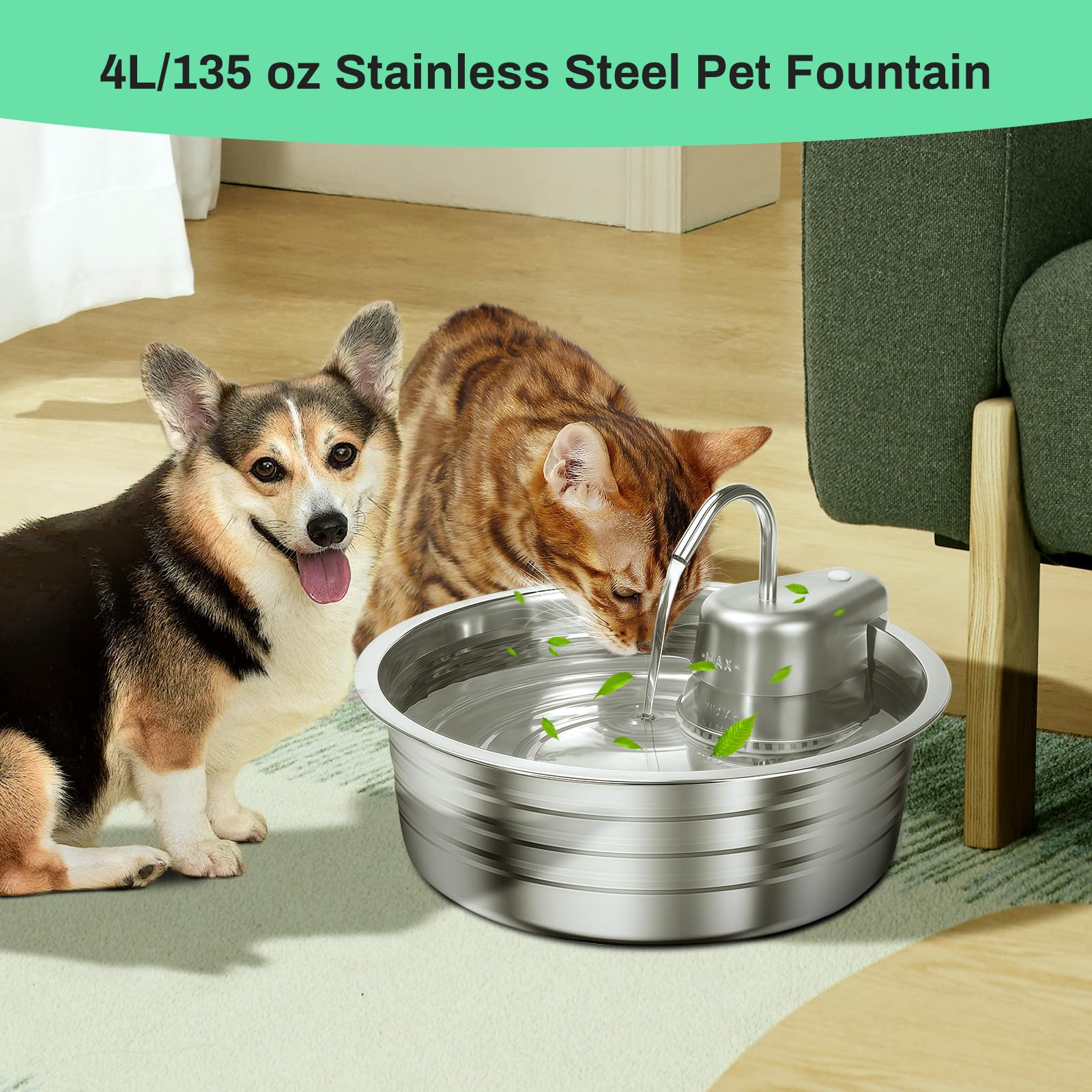 Fuente de Agua para Gatos, Fuente de Acero Inoxidable de 4 litros, dispensador de Agua para Perros con 3 filtros y 3 esponjas, Cuenco de Agua para Perros, Fuentes de Agua para Gatos, Suministros de