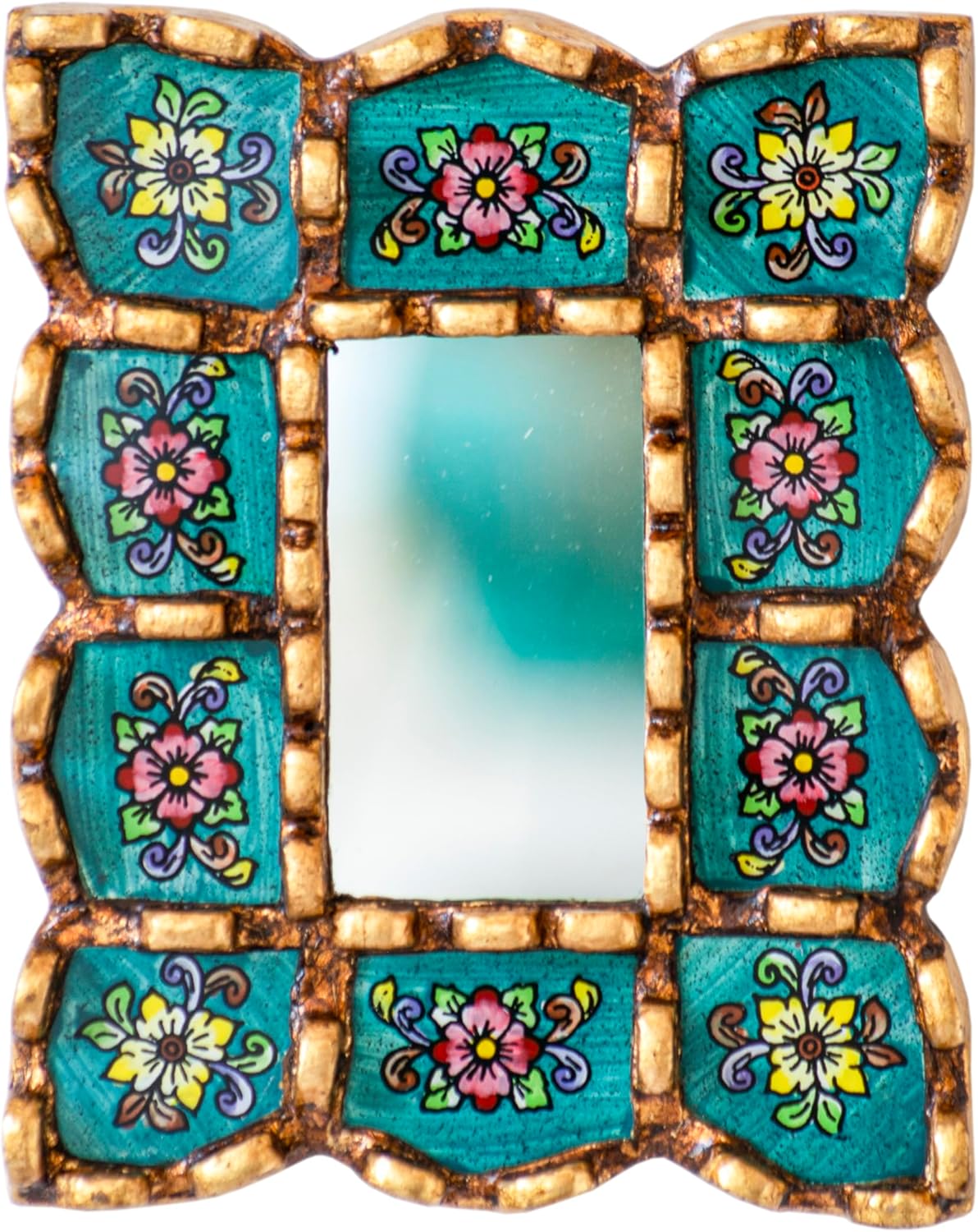 Handmade Peruvian Turquoise Rectangle Wall Mirror 6in Cuscaja Style - Reverse Painted Glass Decor for Farmhouse Home, Unique Gift for Women by DecorContreras