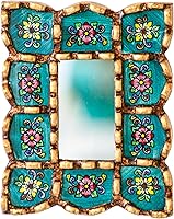 Handmade Peruvian Turquoise Rectangle Wall Mirror 6in Cuscaja Style - Reverse Painted Glass Decor for Farmhouse Home, Unique Gift for Women by DecorContreras