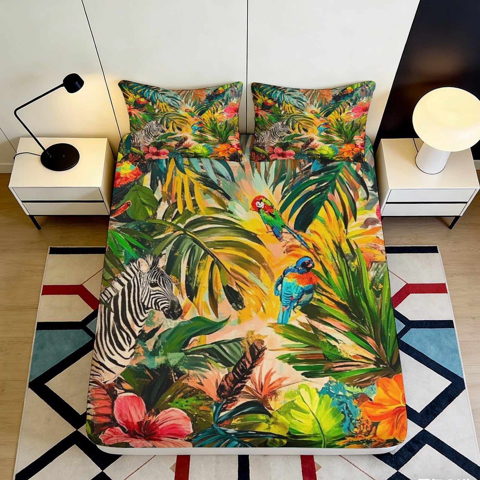 Zfldkwgb Style-1 3D Printed Jungle Wildlife Fitted Sheet Microfiber Soft Tropical Forest Bed Cover For Bedroom Guest Room Mattress Decor 90X200x25cm