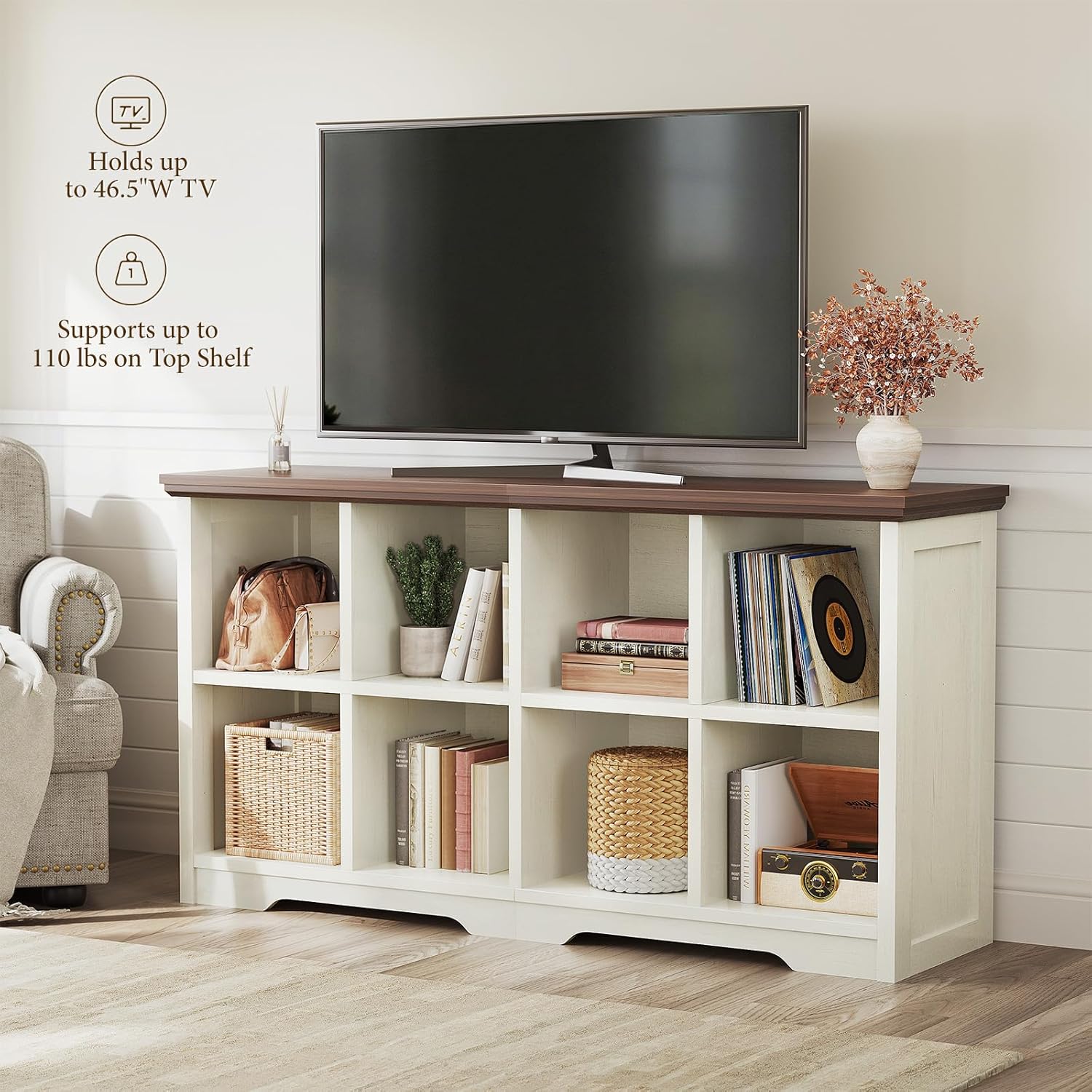 OffiGo 8 Cube Organizer Bookcase, Modern Farmhouse Open Shelf for Storage Bins & Decor, Display Bookshelf Console Closet for Living Room, Bedroom, Home Office, Walnut+White