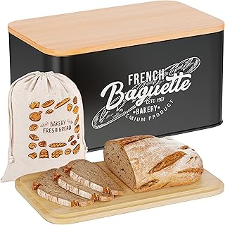Boite à Pain Vintage « French Baguette » - 30 x 18 x 13,7 cm - Métal & Bambou - Avec Sac à Pain - Pour Baguettes, Pain de Mie, Biscottes - Rangement, Conservation - Noir - BP301