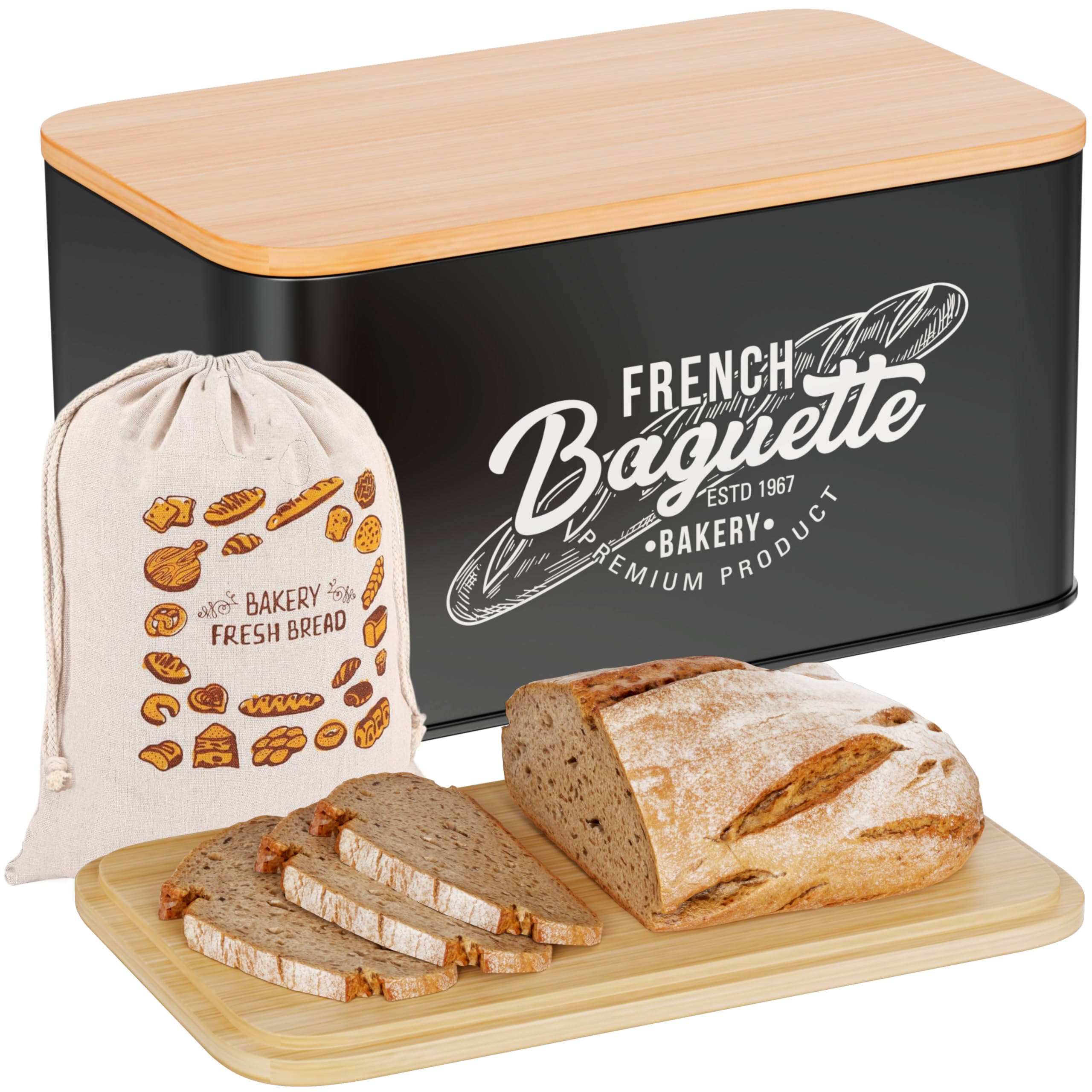 Hovea - Brotkasten Schwarz „French Baguette“ - 30 x 18 x 13,7 cm - Metall & Bambus - Inkl. Brotsack - Für Brot, Toast, Zwieback