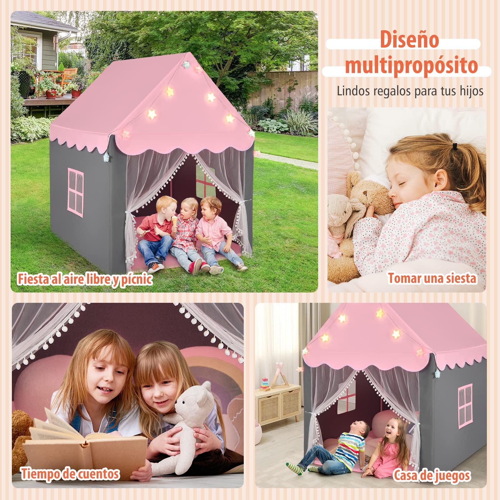 COSTWAY Carpa para Niños con Colchoneta Lavable, Luces de Estrella, Ventanas, Cremalleras Inferiores, Carpa Castillo de Hadas, Casa de Juegos, Tienda Infantil de Campaña para Niños y Niñas (Rosa)
