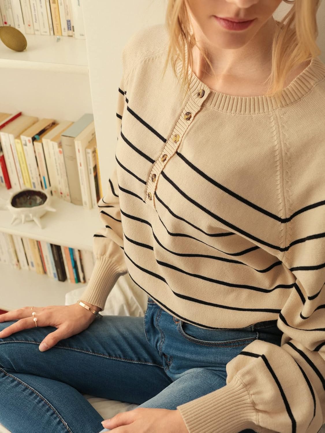 Women's Sweater Stripe Pattern Half Button Raglan Sleeve Sweater Sweater for Women (Color : Multicolor, Size : X-Small)