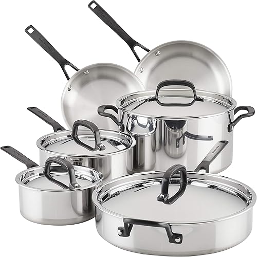 KitchenAid Juego de ollas y sartenes de acero inoxidable pulido de 5 capas, 10 piezas