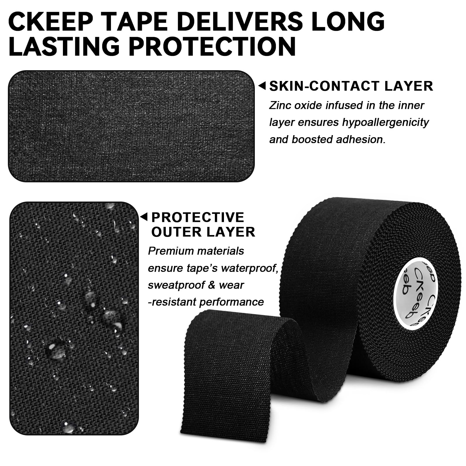 CKeep Black Athletic Tape (4 sztuki), 100 m na rolce, łatwa do łzawienia i nie pozostawia, podpierająca taśma sportowa do stresów i sprayów, hipoalergiczna i oddychająca