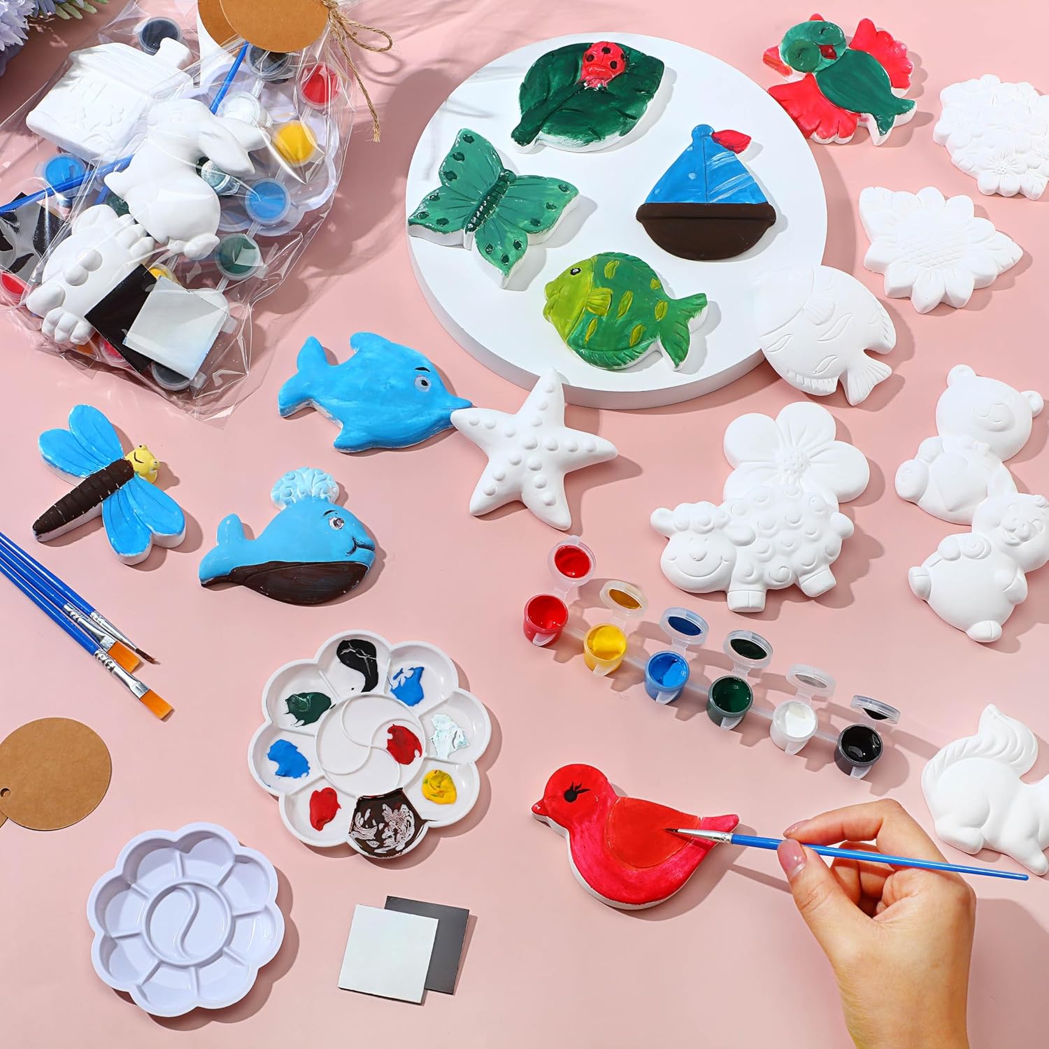 HyDren 202 Pcs Arts and Crafts Ceramic Painting Kit for Kids Paint Your Own Figurines Plaster Marine Animals Flowers Plants DIY Ceramic to Paint for Boys Girls Birthday Party Favors