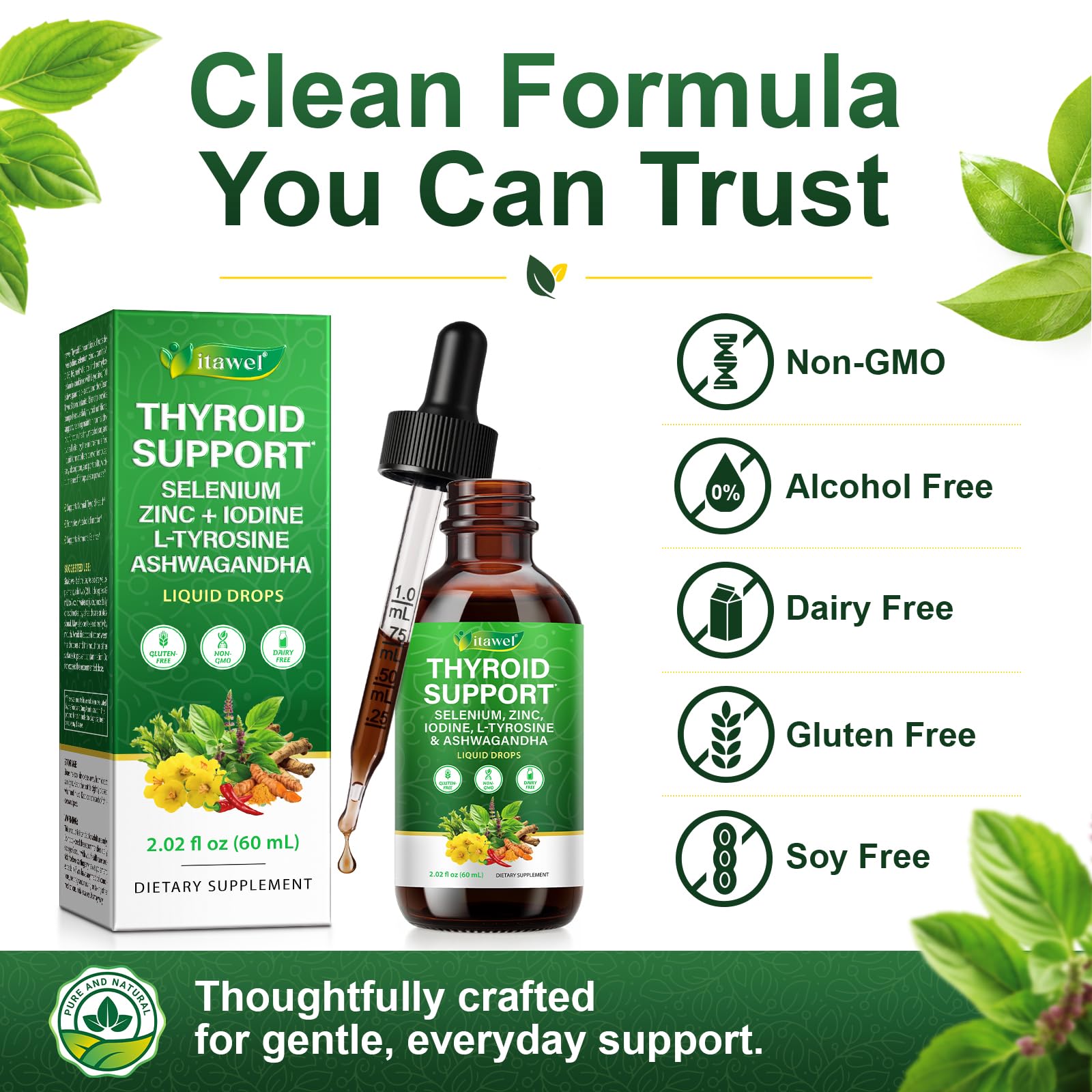 Thyroid Support Gouttes liquides 60 ml – Sélénium, zinc, iode, L-tyrosine et Ashwagandha pour l'équilibre hormonal, le métabolisme et la santé thyroïdienne
