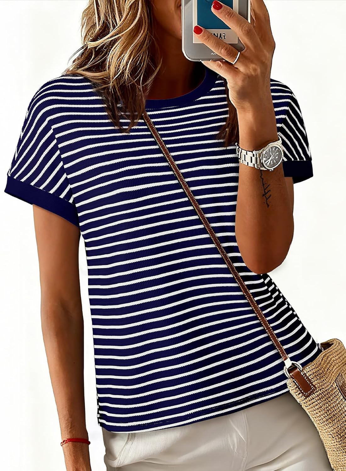 Acelitt Women’s Short Sleeve Knit Tops 2025 Trendy Crewneck Striped T Shirts Casual Summer Blouses Outfits - Image 6