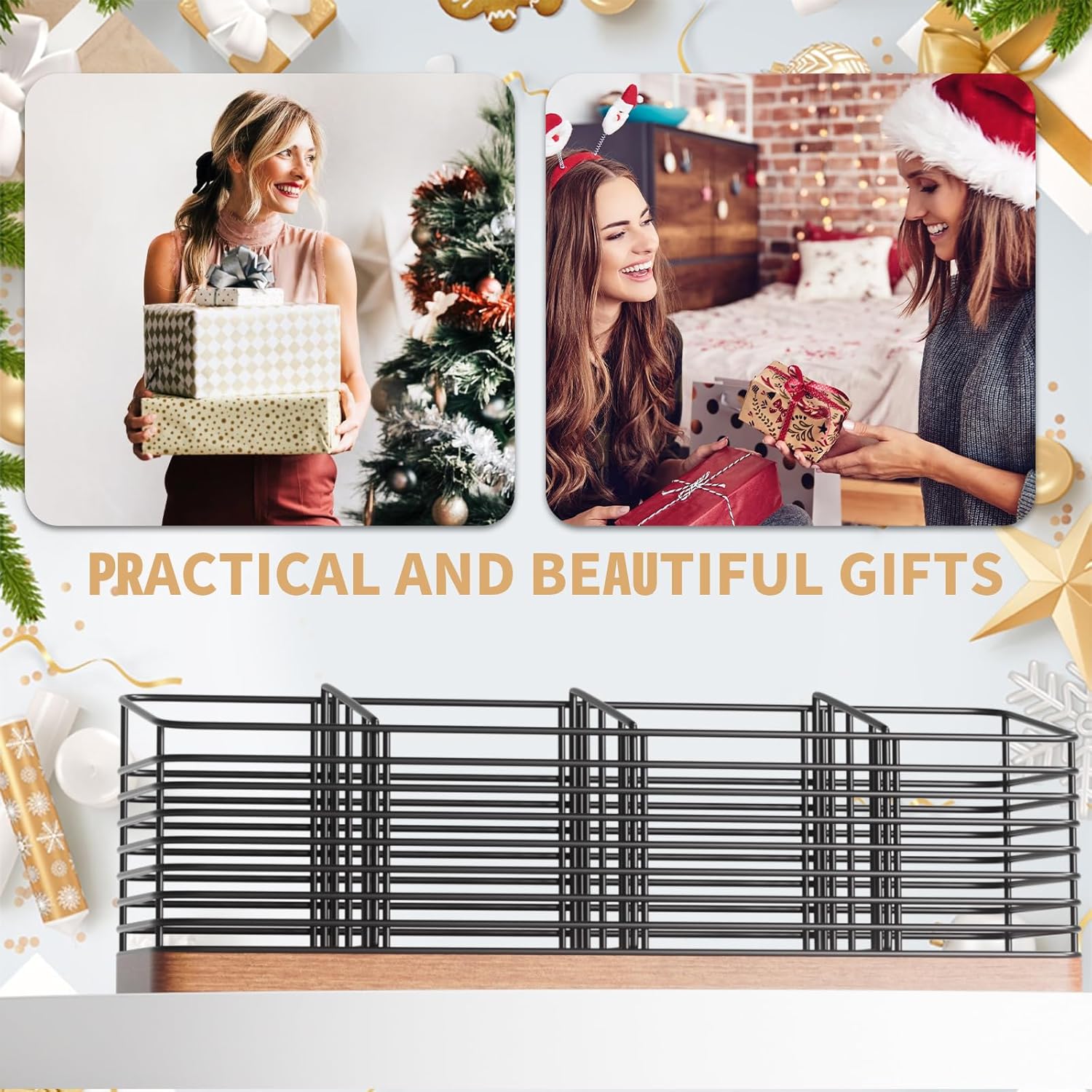 Large Utensil Holder for Kitchen Counter with 4 Compartments, Matte Black Metal Holder with Wooden Base Cooking Utensil Organizer for Spatula Utensil Crock Caddy