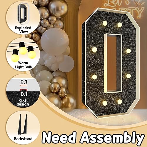 Miniatura 3 de Imprsv Números de marquesina negros de 3 pies decoración de fiesta negra - Número iluminado 0 grande 3 pies de alto - Decoraciones de cumpleaños
