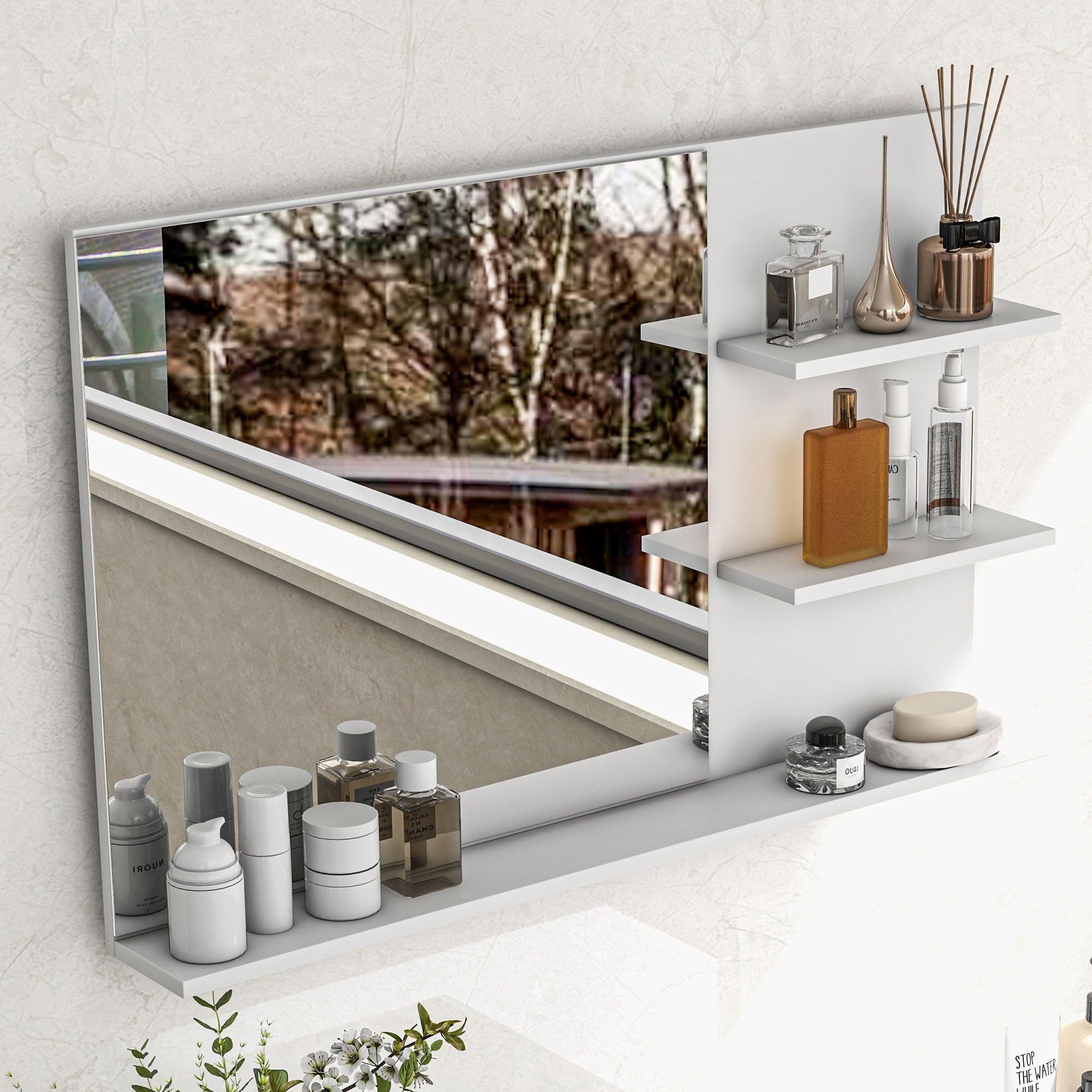 kleankin Specchio Bagno Moderno con 2 Ripiani Laterali e Ripiano Inferiore, Specchio da Parete in MDF e Vetro, 75x10x48 cm, Bianco