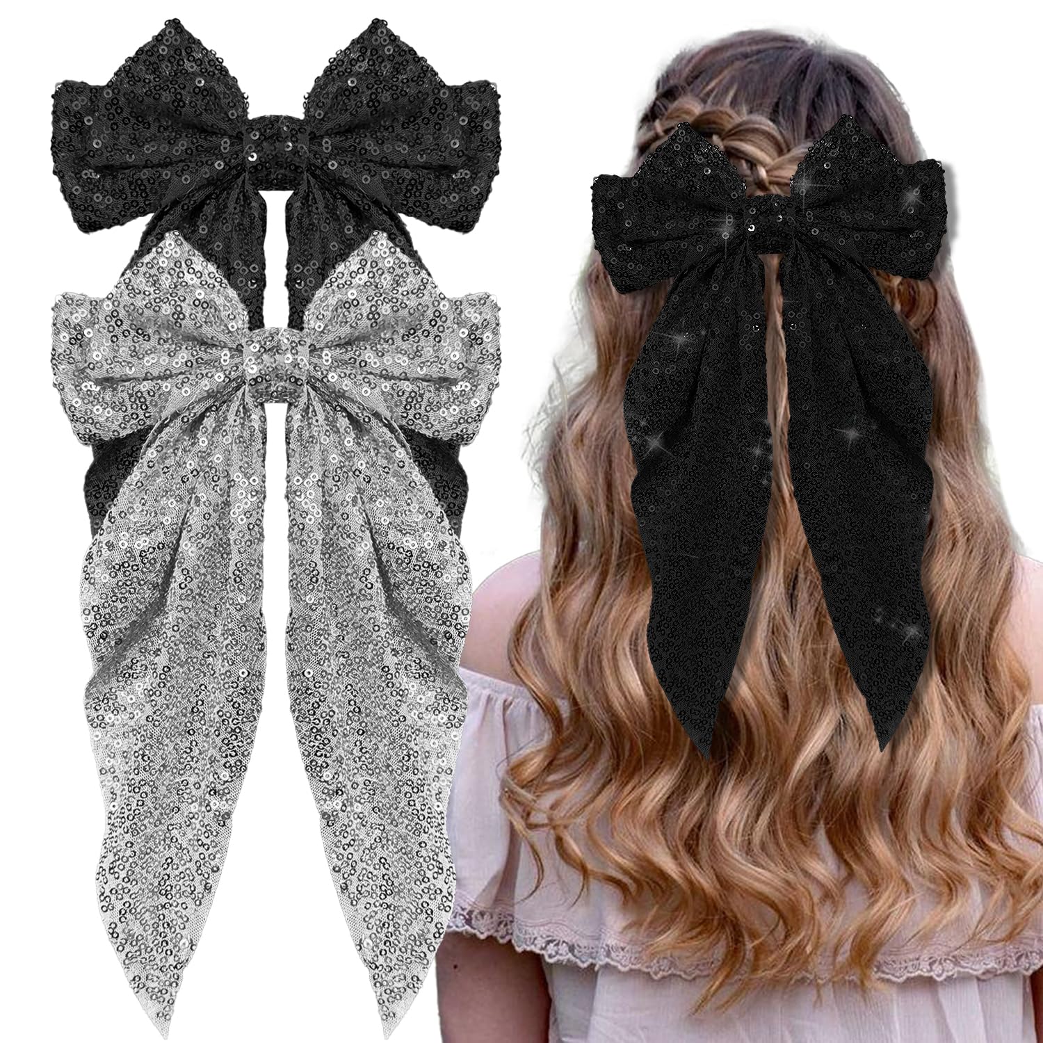 2Pcs Glitter Hair Big Bows for Women Sequin Hair Bows Clips Sparkly Bowknot Style Barrettes Long Tail Hair Accessories