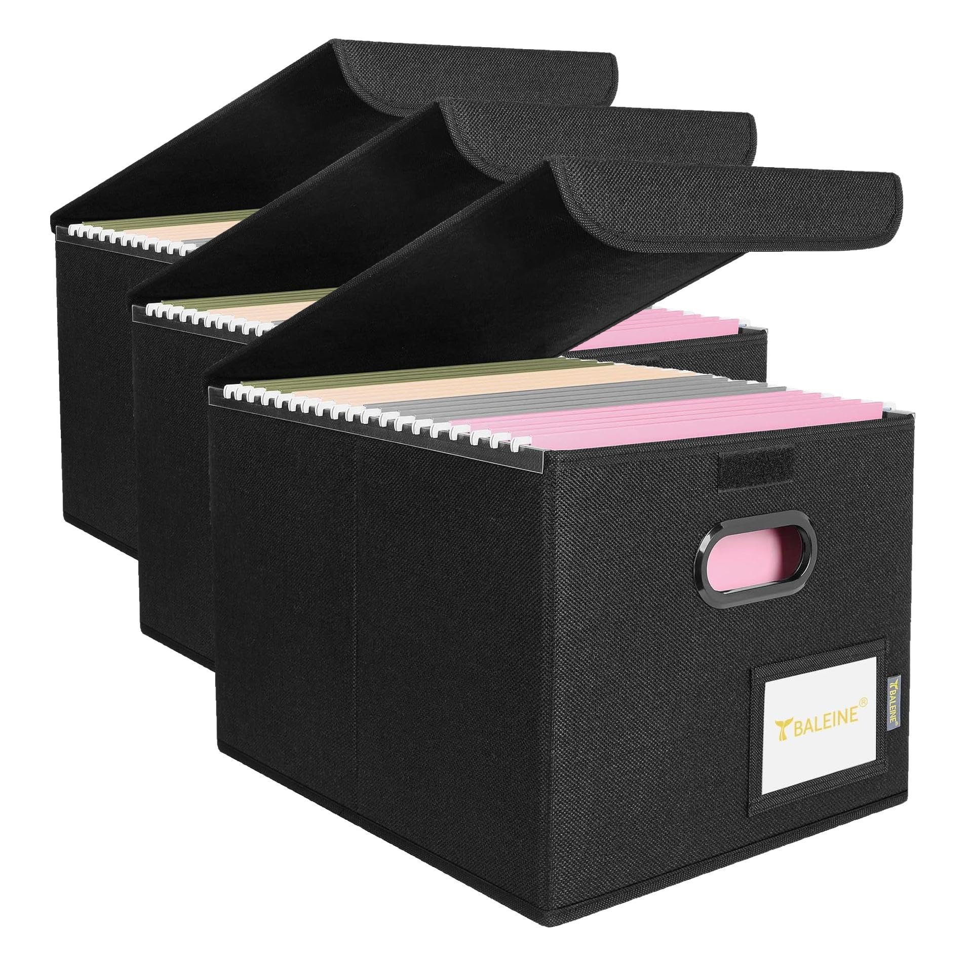 BALEINE File Organizer Box with Lid, Collapsible File Folder Organizer with Plastic Slide, Hanging File Folder Box for Office Document Storage (3 Pack, Black)