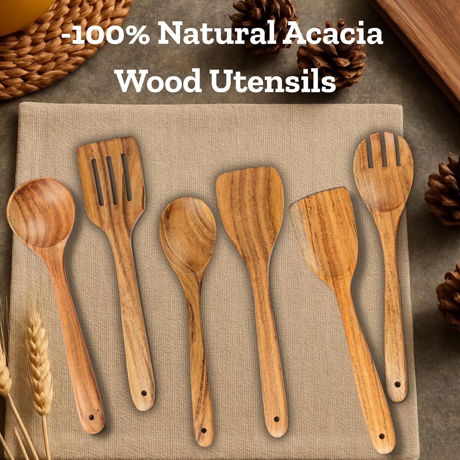 Mie Creations Acacia Wood Spatulas for Cooking, 6 Pcs Wooden Kitchen Cooking Utensils for Nonstick Pans & Cookware, Set of 6 Turner, Slotted Spatula, Spoon, Fork, Ladle, Sturdy Smooth Heat Resistant