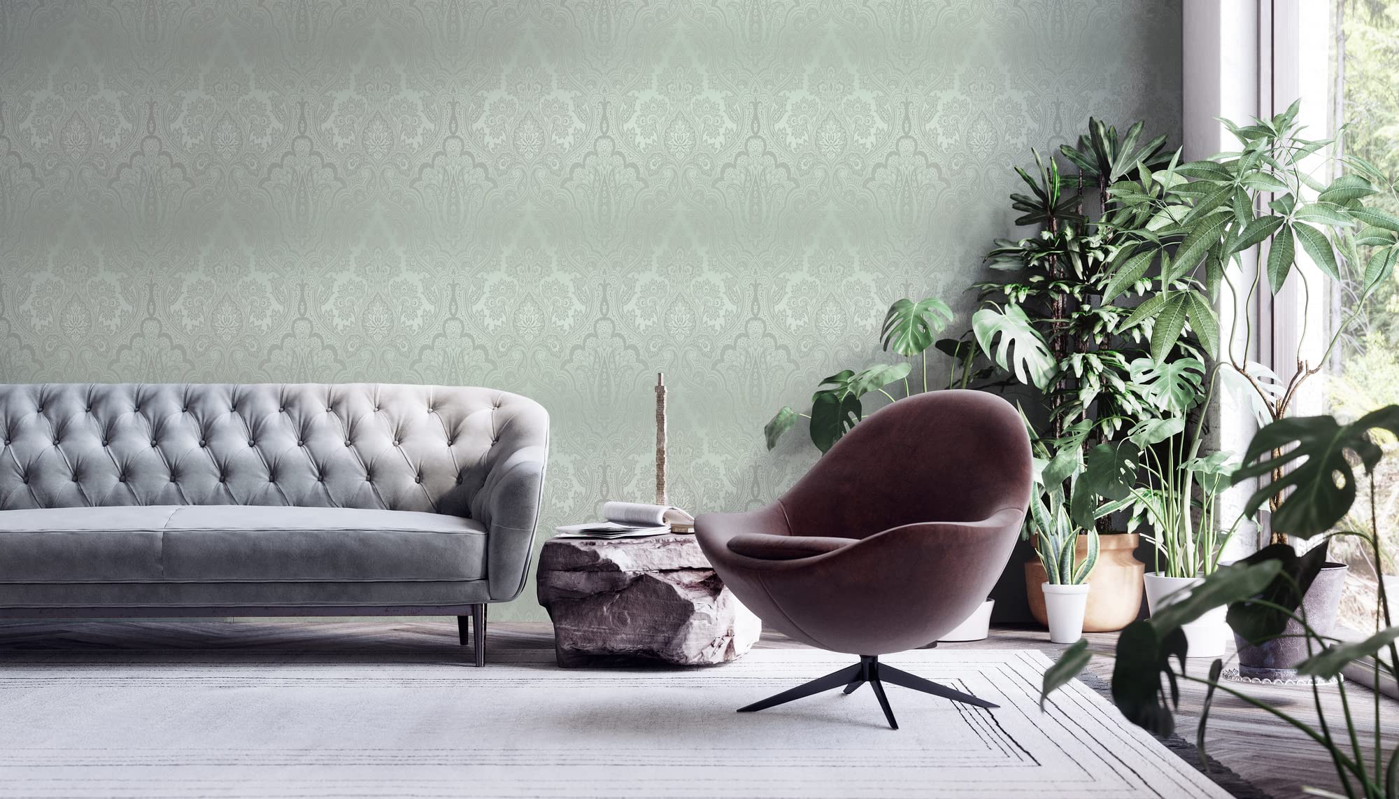 Livingwalls My Home My Spa 387081 Baroque Non-Woven Wallpaper Eucalyptus Green Ornament Glitter 10.05 x 0.53 m Made in Germany - Image 3