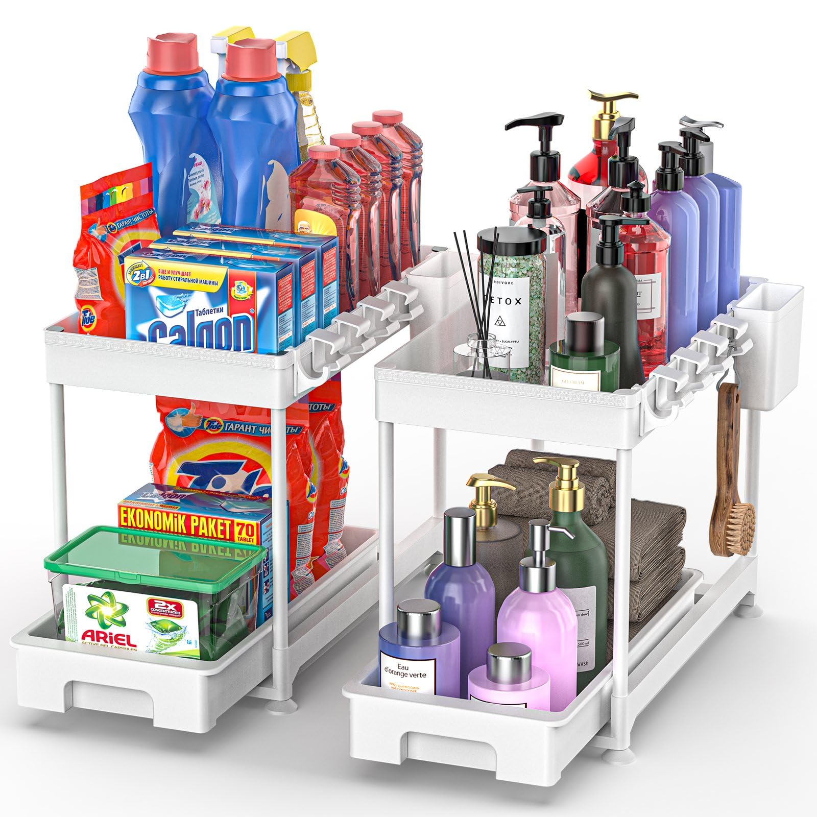 2 Pack Under Sink Organizers and storage, Sliding Under Cabinet Organizer 2 Tier Under Sink Storage With 4 Hooks Multi-purpose Under the Sink Organizer for Bathroom Kitchen Hanging Cup White