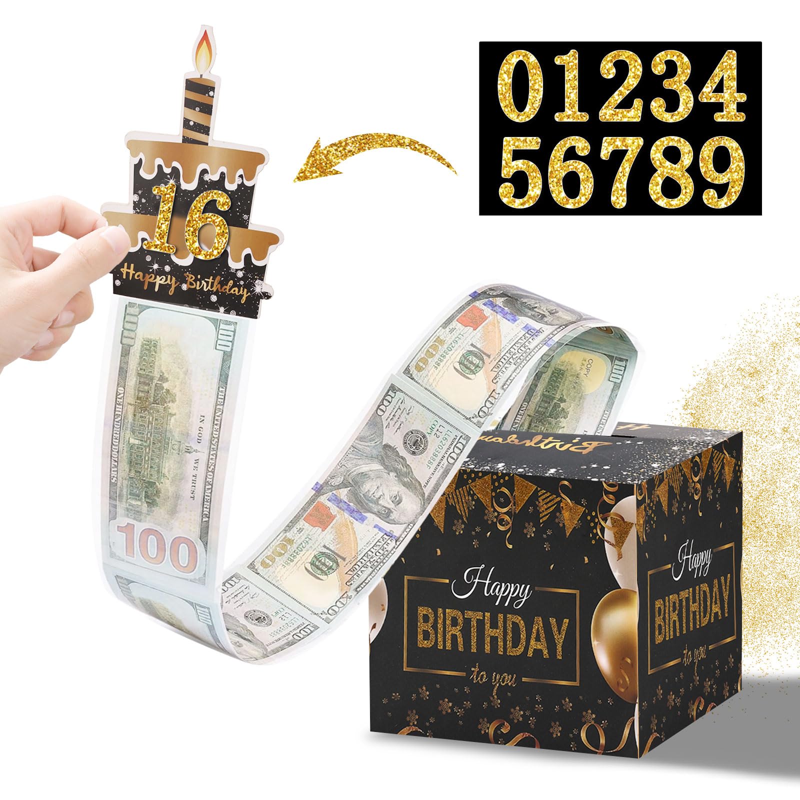 Birthday Money Pull Box for Cash Gift with DIY Self-Adhesive Stickers for Any Age, Happy Birthday Money Box for Cash Gift Pull Out Cake Card and 100Pcs Bags, Birthday Party Decor Ideas