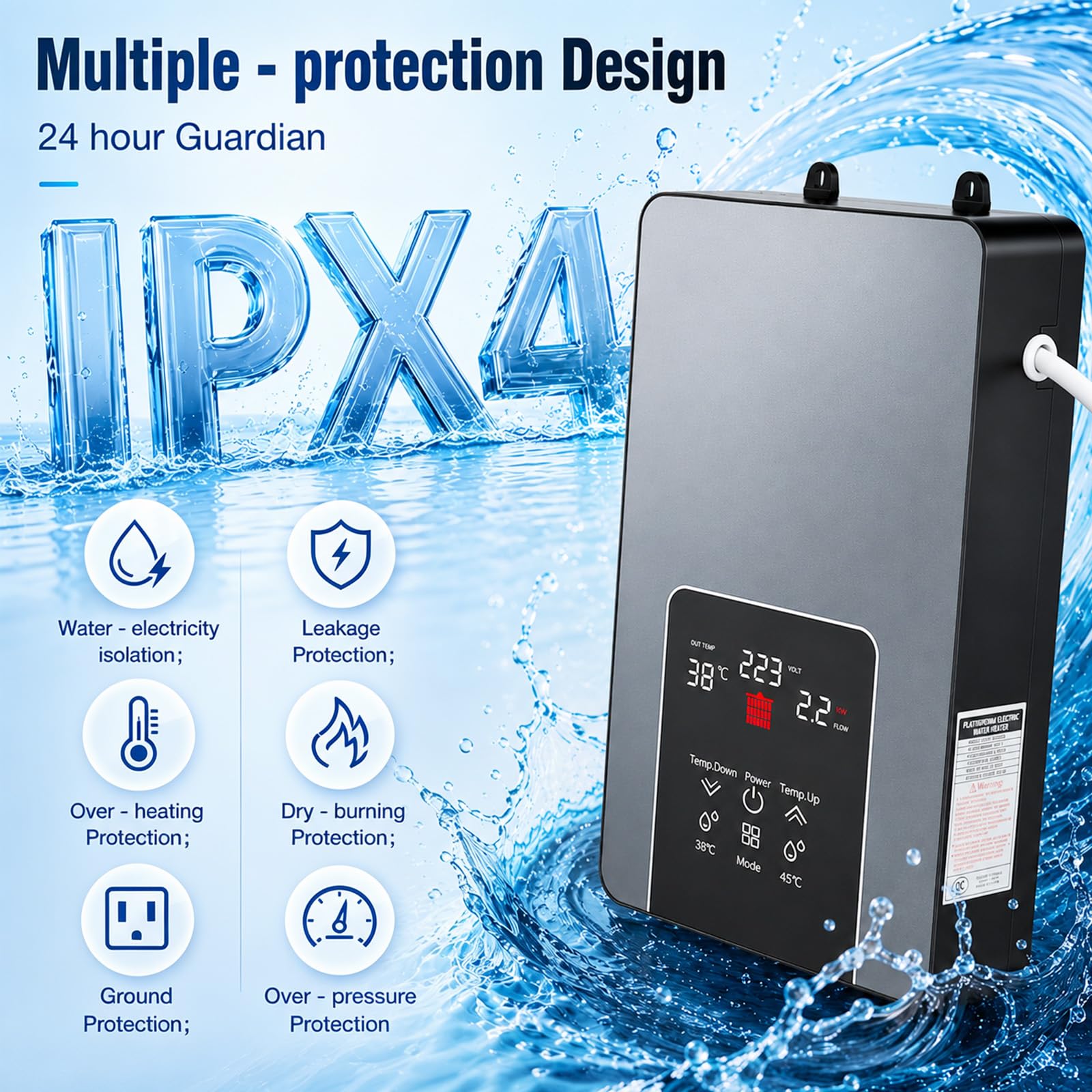 Mini calentador de agua, 6000 W, calentador de agua eléctrico sin depósito, con LED, regulador electrónico, resistente al agua y a las heladas, para cocina, baño, ducha y jardín