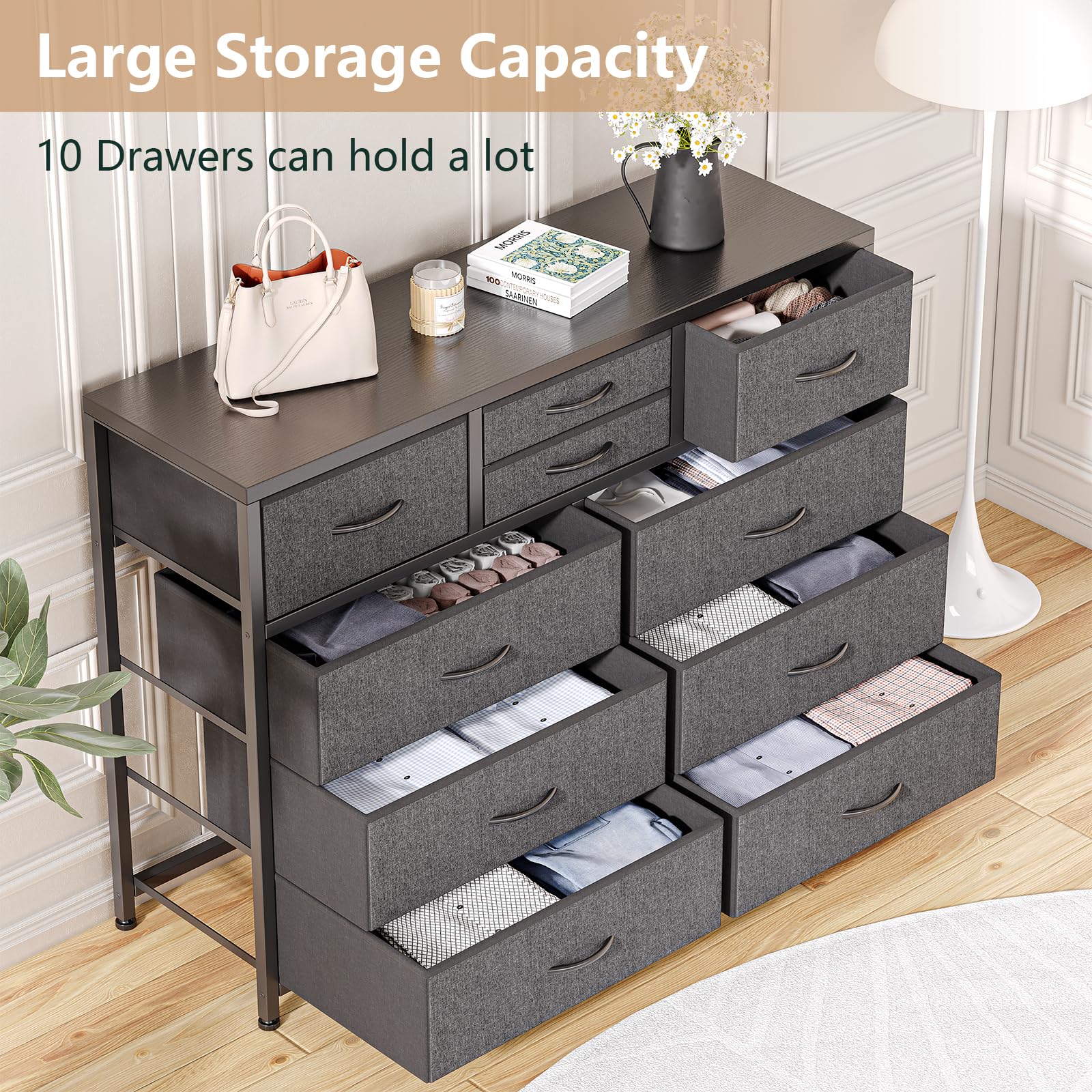 10 Drawers Fabric Storage Drawer,Dresser Tv Stand for Bedroom,Dresser for Bedroom,Metal Frame Industrial Dresser,Fabric Dresser Chest of Drawer,Can Hold Up to 55” TV