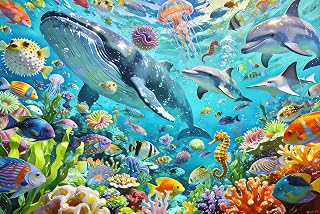 100 Piece Kids Puzzles Ages 5-10 Colorful Underwater Ocean World Jigsaw Puzzle with Whale Sea Animals Educational Learning Puzzles for Boys Girls