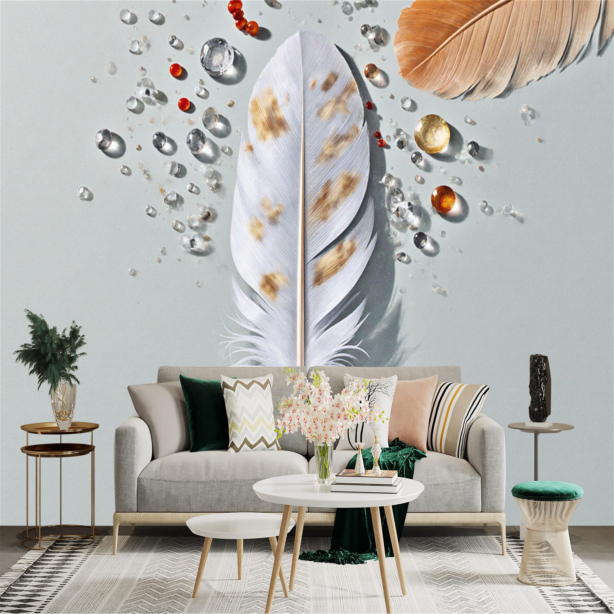Custom Size Wall Sticker Mural， Elegant White Feather with Gold Accents， Sparkling Crystal Beads and Gemstones， Minimalist Nature Art， for wall Decoration， peelandstick wall Decals.