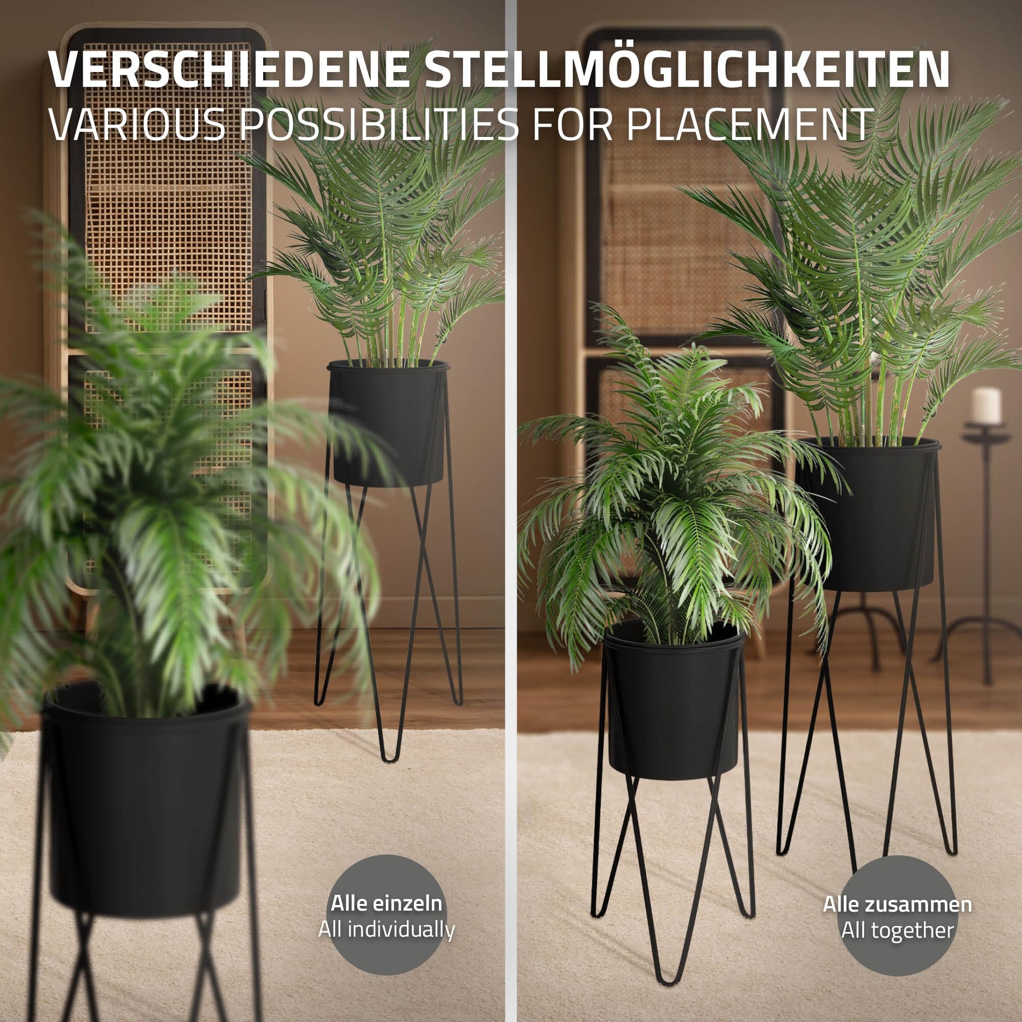 ML-Design stojak na kwiaty, zestaw 2 szt., czarny, 27 x 27 x 48,5 cm, 35,5 x 34 x 75 cm, ze stali, metalowy stelaż, stojak na rośliny, 2-częściowy, stojak na doniczki na kwiaty, dekoracyjny stojak na