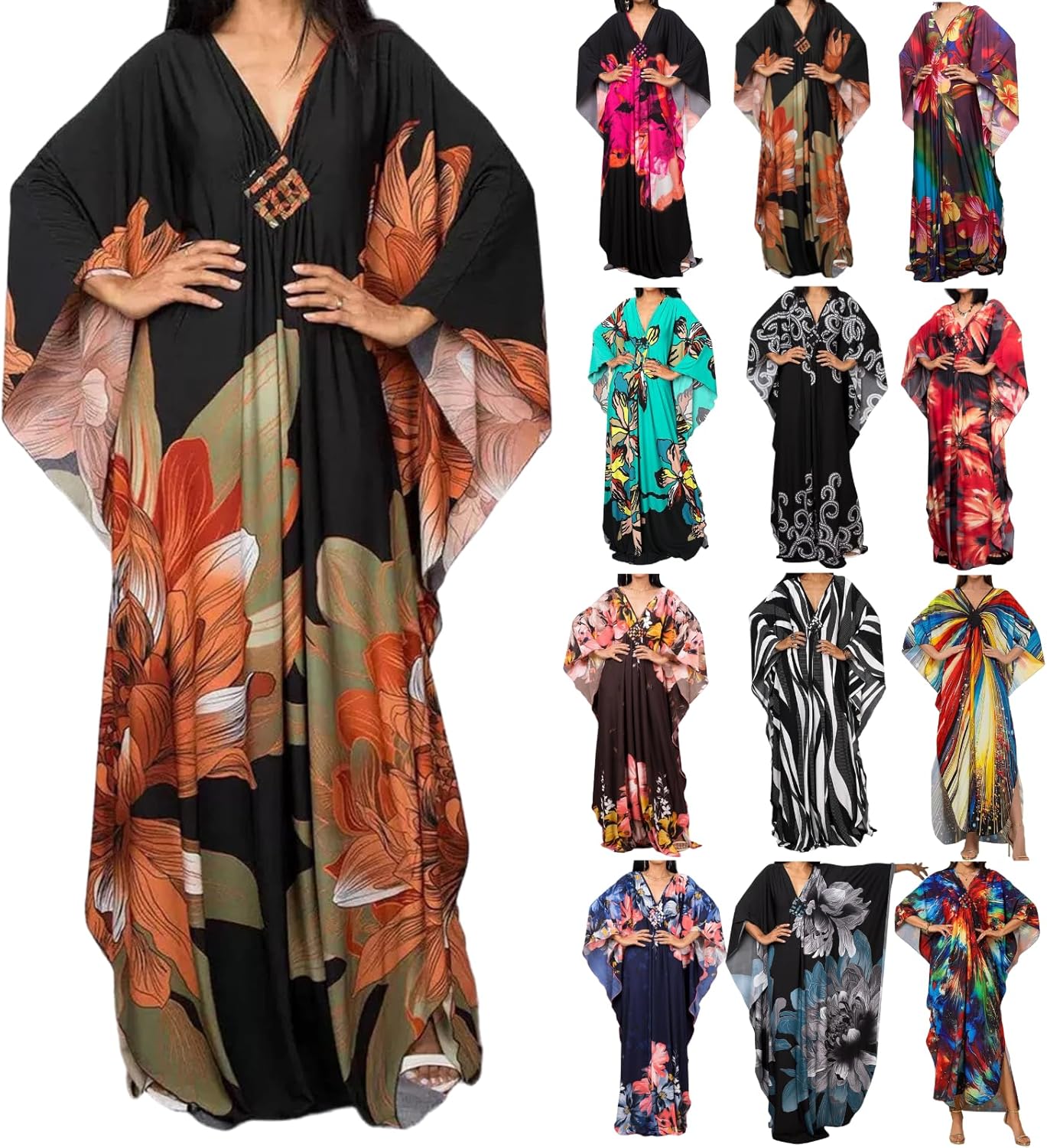 Maxi floral print beach coverup dress with batwing sleeves