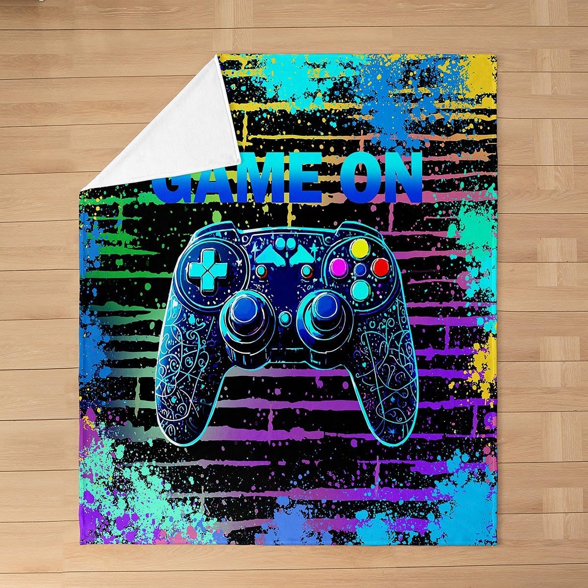 Gamepad Console Kids Flannel Blanket,Geometric Tie-dye Stripe Graffiti Video Game Bed Blanket for Girls Boys,Modern Gamer Gaming Blue Fuzzy Blanket,Baby Size (30 x 39 Inches)