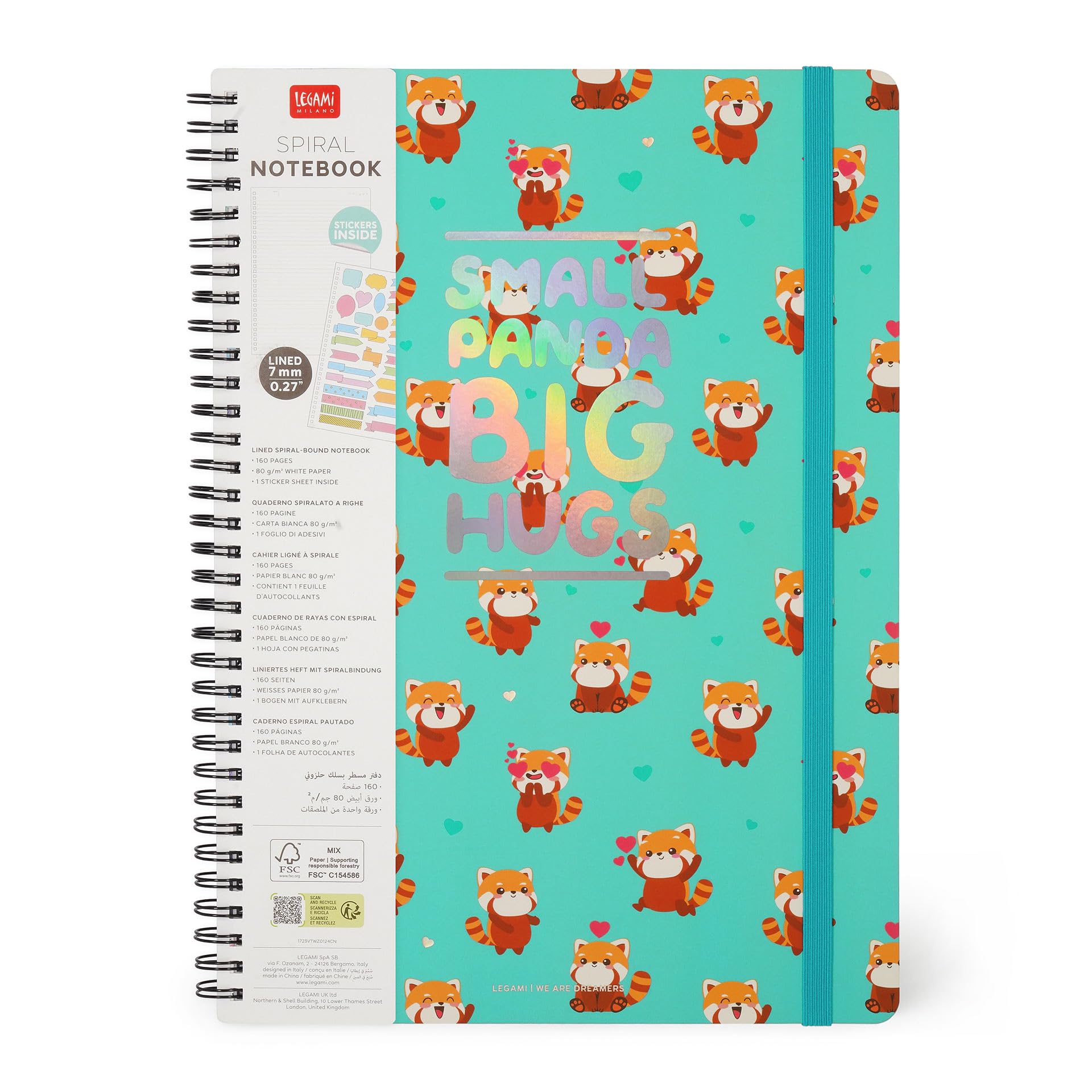 Legami Cahier à rayures A4 Spiral Notebook Maxi 160 pages détachables papier FSC élastique fermeture 21 x 29 cm Red Panda