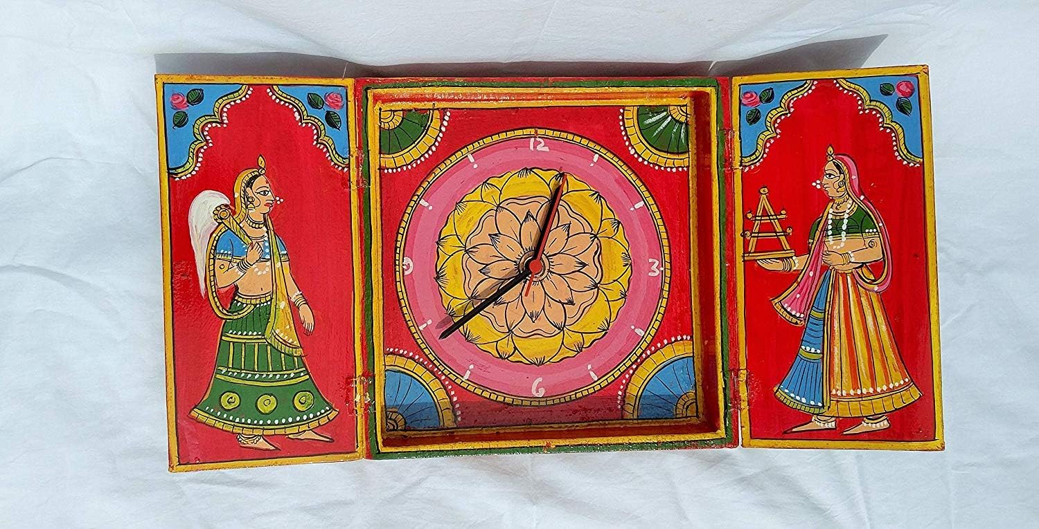 Handcrafted Wooden Kawaad/Kaavad Art Handpianted Wall Clock Wall Decor Indian Art